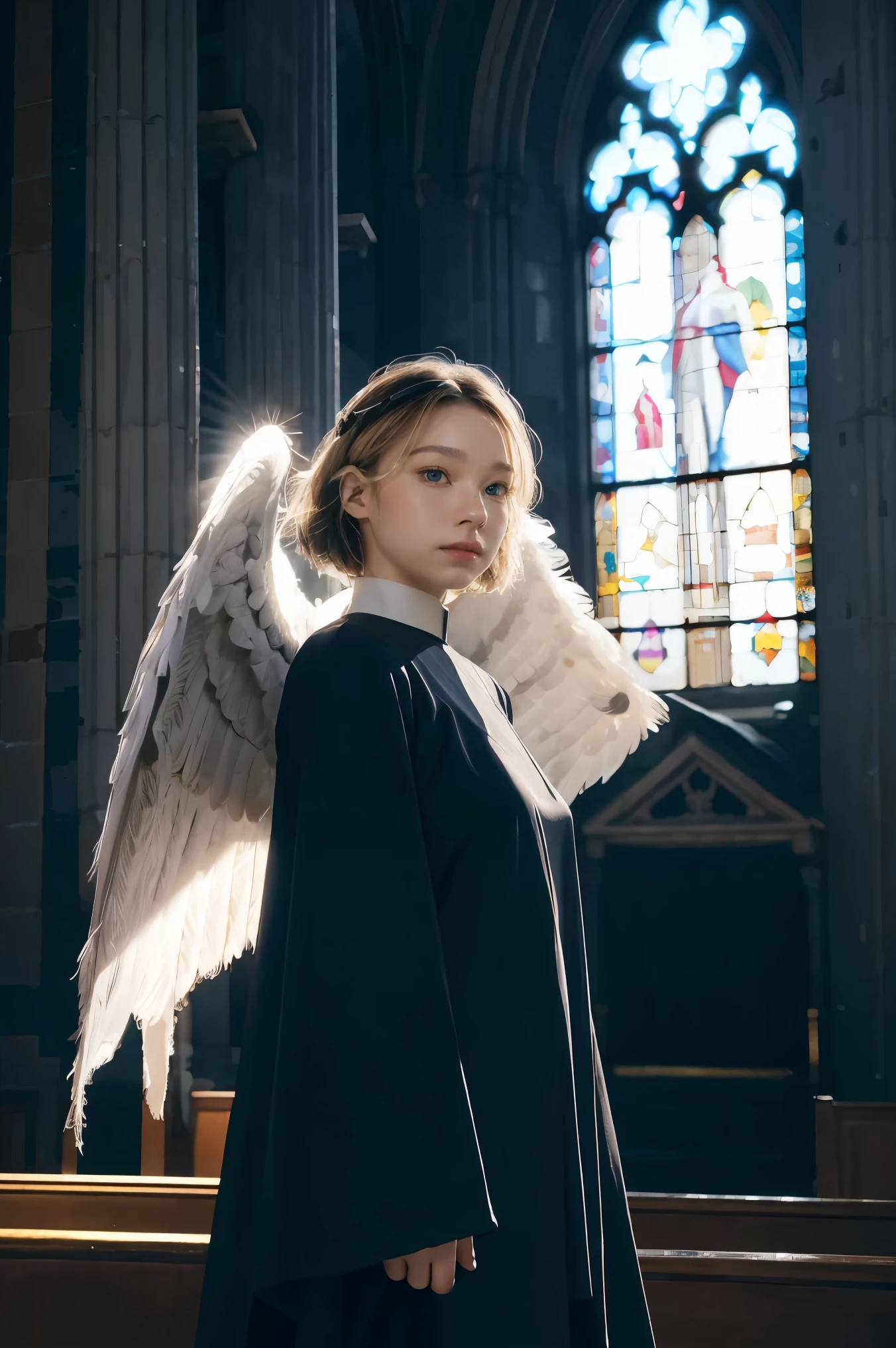 (8K,Best picture quality:1.2),(tmasterpiece:1.37),(photore,realisticlying:1.37),(ultra high resolution),realisticlying,photographed,((Meticulous facial features)),A half body,(Valkyrie,holy paladin:0.6)Beautiful design,Shiny,huge lim body,(the angel's wings),nun outfits,dress,complex,(High quality background inside ruined church empty at night) , (high detal) , movie lighting
