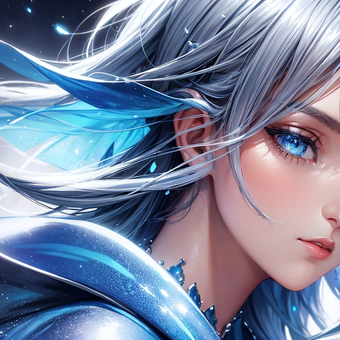 Close-up of a woman in a silver and blue dress, Art Station&#39;s Cheng Wei Pang, Jan J, Detailed fantasy art, Amazing Character Art, Fan Art Best Art Station, Spectacular and detailed character art, Beautiful Armor, Highly detailed ArtGerm, Detailed digital anime art, artgerm is on artstation and pixiv, Girl in Armor　Blue Hair