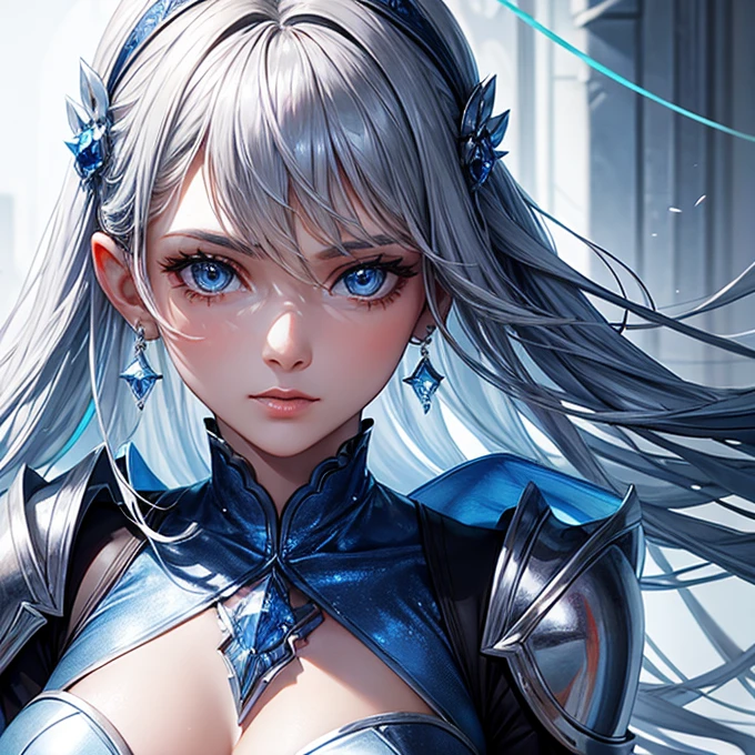 a close up of a woman in a silver and blue dress, chengwei pan on artstation, by Yang J, detailed fantasy art, stunning character art, fanart best artstation, epic exquisite character art, beautiful armor, extremely detailed artgerm, detailed digital anime art, artgerm on artstation pixiv, armor girl