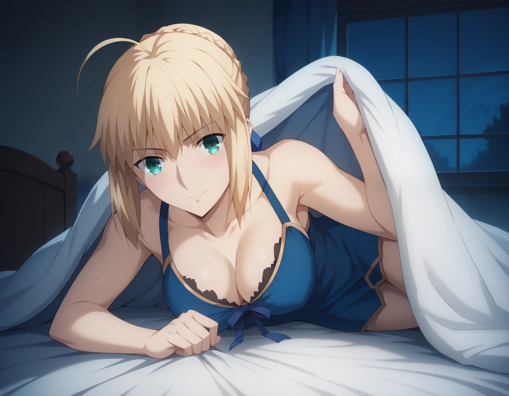 score_9, score_8_up, score_7_up, solo,1girl, artoria pendragon, artoria pendragon \(fate\), saber, blonde hair, green eyes, ahoge, sidelocks,
hair bun, single hair bun, braid,medium breasts, cleavage, looking at viewer, bed invitation, on bed, on side, pillow, under covers, dimly light, nightgown, night, windows, bedrrom, naughty face, blush, covered nipples