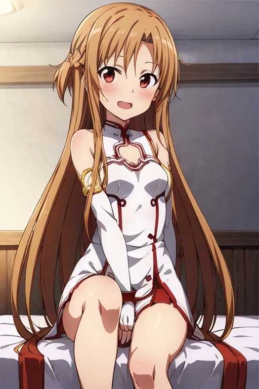 ((Best Quality)), ((masterpiece)), (be familiar with), Perfect Face, indoor, bedroom, Watching the audience,
One woman, Yuuki Asuna,
Open Mouth, Ecstatic expression, blush, smile,
Small breasts, Flat Chest, , , child, Girl,
Long Hair, Long Hair,
Leg spread,