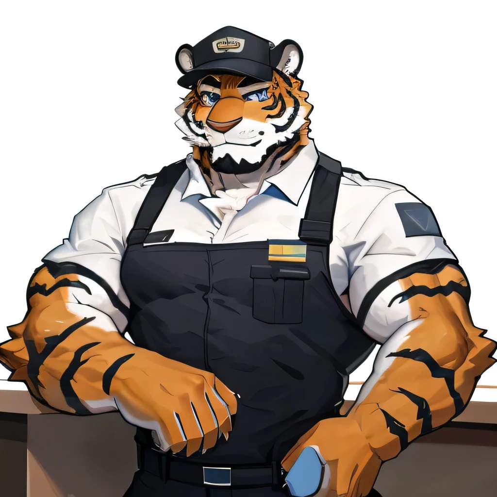 1 boy, Solitary, anthropology,Tiger, hairy, From south to north, the fur turns red, Where people gather,Sparkling blue eyes, Pink hunk,Have abdominal muscles,muscular, Handsome, security guard,security guard(patrol), Black pants, White shirt, Fitness,Handsome security guard(Similar equipment),Combat clothing, high quality, Super Detail, 1080P, high quality, high quality, Best quality, 8k, Super Detail, 16k, White background