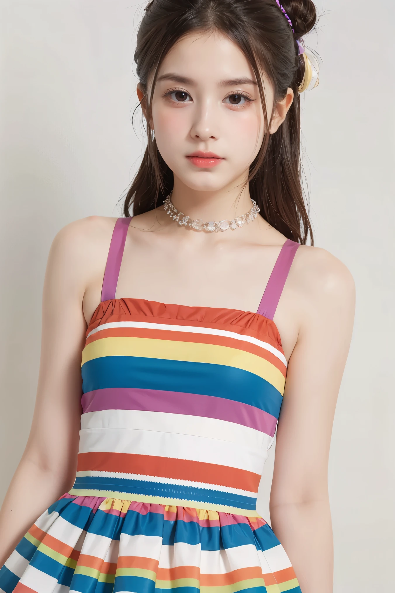 1girl, rainbow stripes  dress, white background,