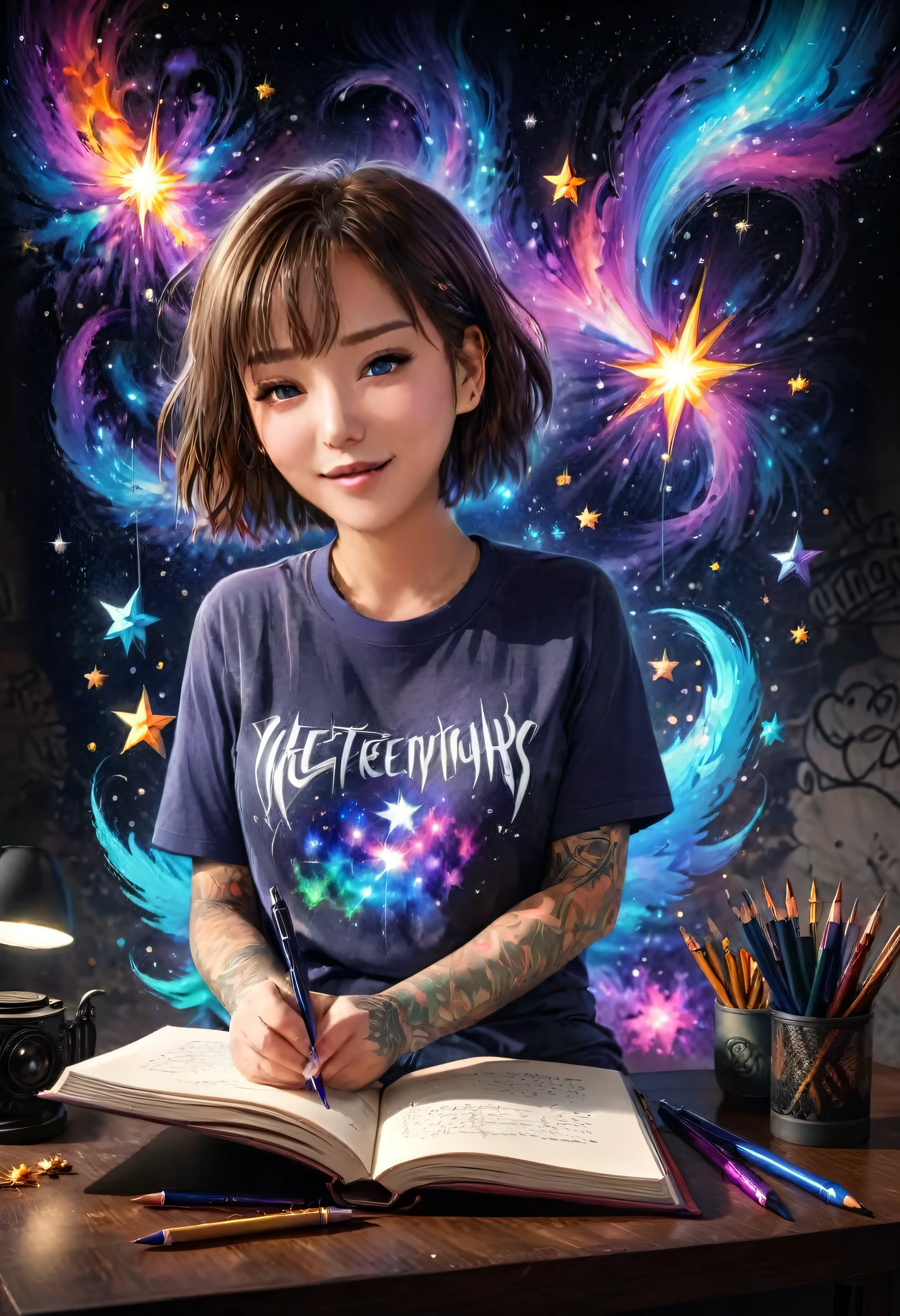 (masterpiece, best quality:1.5), full body image, 1girl, solo, laurence bedard, smiling at viewer, A mesmerizing, hyper-realistic 16K 3D illustration captures a magical moment of pure creativity. A talented artist is masterfully sketching a heartfelt message, "BTS -- Jin -- Rm --Suga -- Jhope -- Jimin -- V -- Jungkook. ", in a notebook. The text is composed of vibrant, color sepia stars that smoothly transition through the entire spectrum. The artist's hand, holding a transparent pen filled with radiant stars, is detailed exquisitely, symbolizing boundless creativity and imagination. The background is a three-dimensional sketchbook setting with scattered throughout, adding depth and dimension to this captivating, graffiti-inspired scene. The illustration radiates energy, movement, and vibrant colors, making it a true work of art that celebrates creativity and imagination., gra, cinematic, vibrant, graffiti, painting, typography, product, illustration, photo, 3d render, fashion, dark fantasy