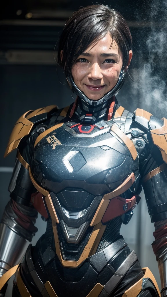 Best Quality　8k (War Machine)　Cyborg middle-aged woman　　Sweaty face　　Short Hair　　Steam coming out of my head　My hair is wet with sweat　Black Hair　　Full body portrait　Only the face is exposed　smile　