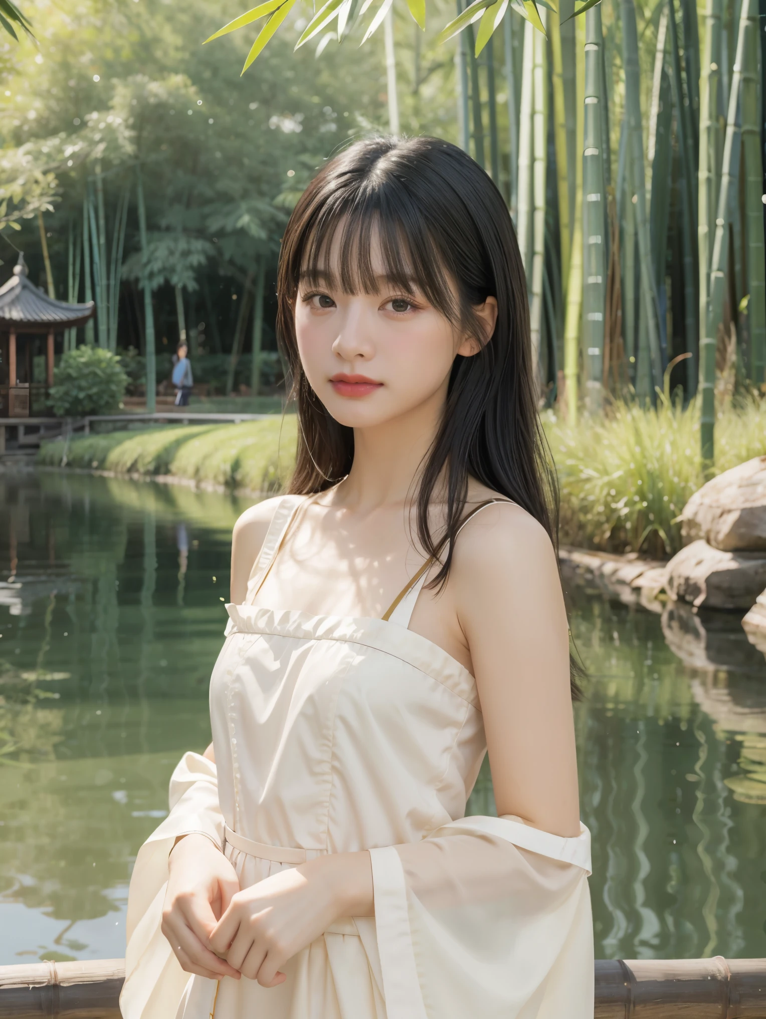 Masterpiece, Best Quality, Official Art, 8k Wallpaper, Very Detailed, Illustration, 1 Girl, black  Hair, Long Hair, Detailed Eyes, Forrest Gump, Bare Shoulders, Hanfu, Lake, Pure, Soft Smile, bamboo, tea