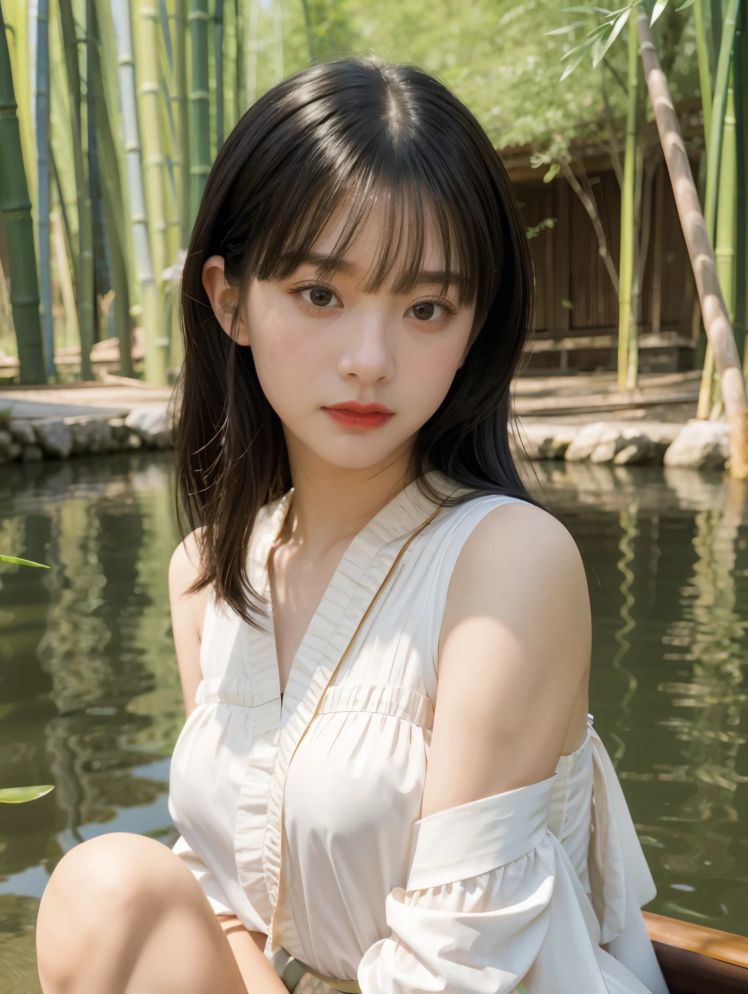 Masterpiece, Best Quality, Official Art, 8k Wallpaper, Very Detailed, Illustration, 1 Girl, black  Hair, Long Hair, Detailed Eyes, Forrest Gump, Bare Shoulders, Hanfu, Lake, Pure, Soft Smile, bamboo, tea