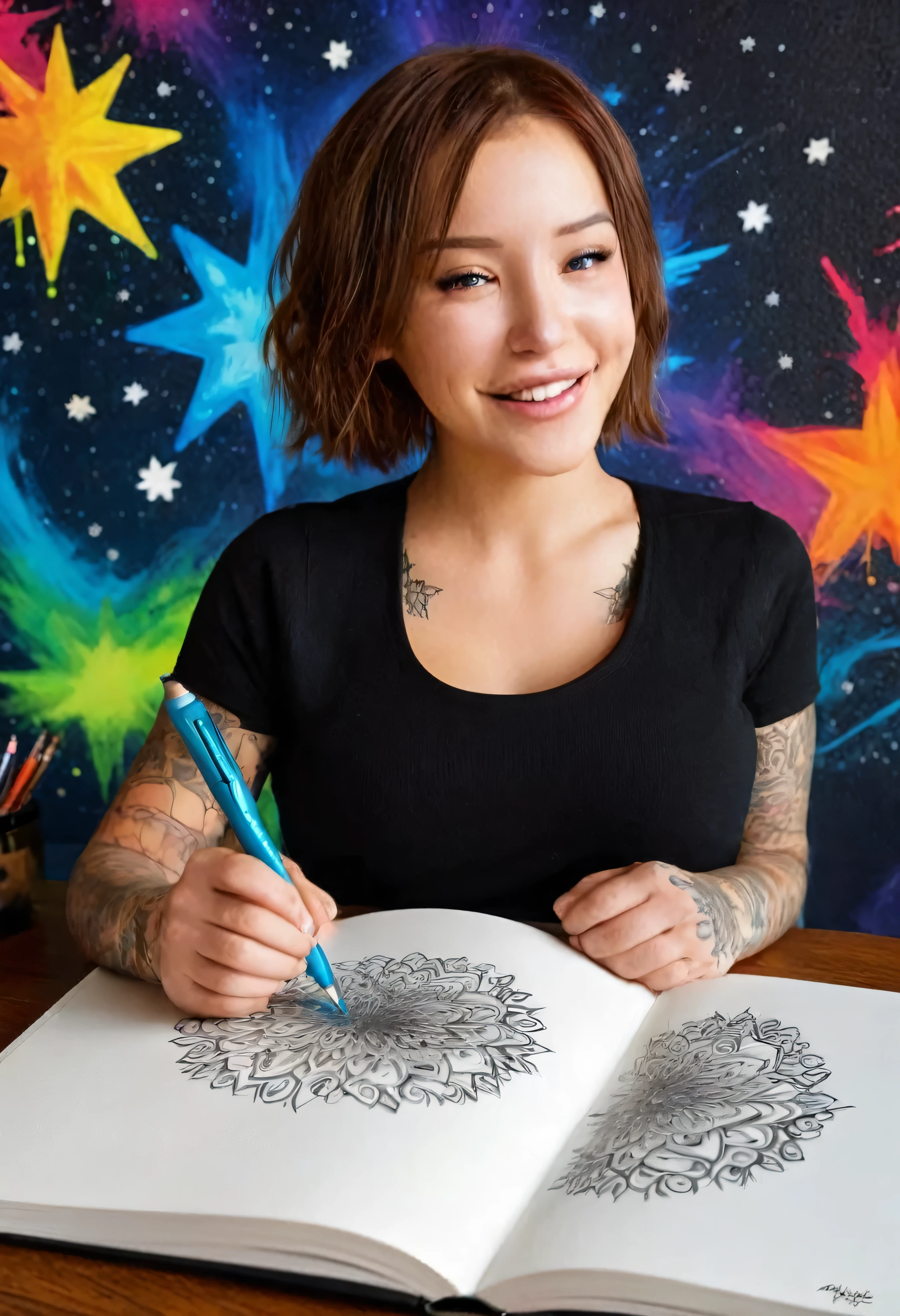 (masterpiece, best quality:1.5), full body image, 1girl, solo, laurence bedard, smiling at viewer, A mesmerizing, hyper-realistic 16K 3D illustration captures a magical moment of pure creativity. A talented artist is masterfully sketching a heartfelt message, "BTS -- Jin -- Rm --Suga -- Jhope -- Jimin -- V -- Jungkook. ", in a notebook. The text is composed of vibrant, color sepia stars that smoothly transition through the entire spectrum. The artist's hand, holding a transparent pen filled with radiant stars, is detailed exquisitely, symbolizing boundless creativity and imagination. The background is a three-dimensional sketchbook setting with scattered throughout, adding depth and dimension to this captivating, graffiti-inspired scene. The illustration radiates energy, movement, and vibrant colors, making it a true work of art that celebrates creativity and imagination., gra, cinematic, vibrant, graffiti, painting, typography, product, illustration, photo, 3d render, fashion, dark fantasy