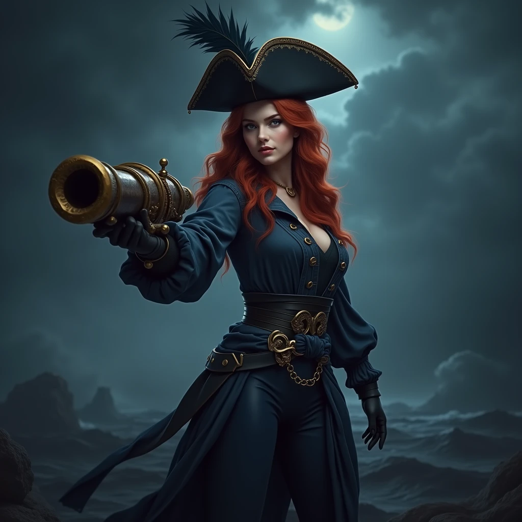 Ultra-detailed, cinematic photorealistic portrait of a strikingly beautiful female pirate captain confidently standing at the wheel of a weathered ship at sunset, photographed on 35mm film with an 85mm lens and soft diffused lighting, wearing a black tricorne hat over wavy red hair, embroidered navy blue coat with gold buttons, black leather heeled boots, intricate gold earrings and necklace, vast crashing ocean waves and vibrant purple sky behind her, intricate details on the ship's wheel and rails, dramatic pose as she grasps the wheel, photographed for a Louis Vuitton fashion campaign by Peter Lindbergh.