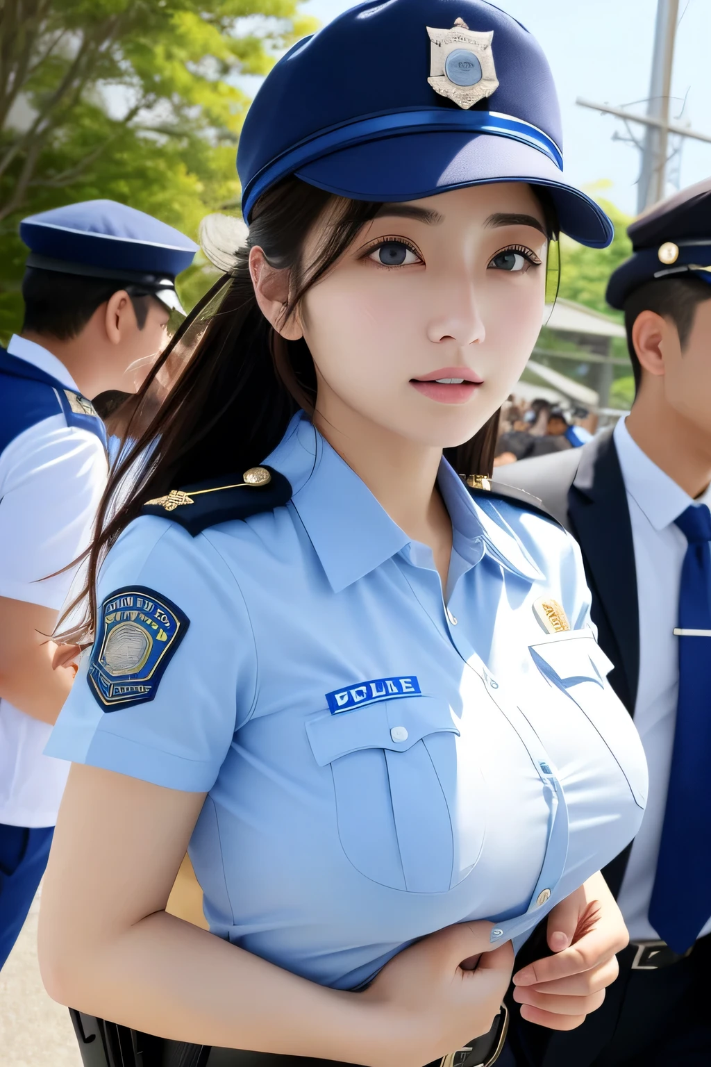 (masterpiece、Best Quality、Ultra-high resolution)、(Perfect Face、Beautiful Face、Beautiful Eyes)、policewoman、Japanese police uniform、sweat、Aiming a gun、gun、Large Breasts、A man grabs a woman&#39;s arm、The woman resists、fight、The man is a robber、Nipples、Side view、Nipples are visible through the gaps in her clothes、The button comes off、Dress shirt、White shirt、The clothes are see-through、(A man stands behind、A man stands in front、A man stands next to、Surrounded by a lot of men、A man touches his butt)