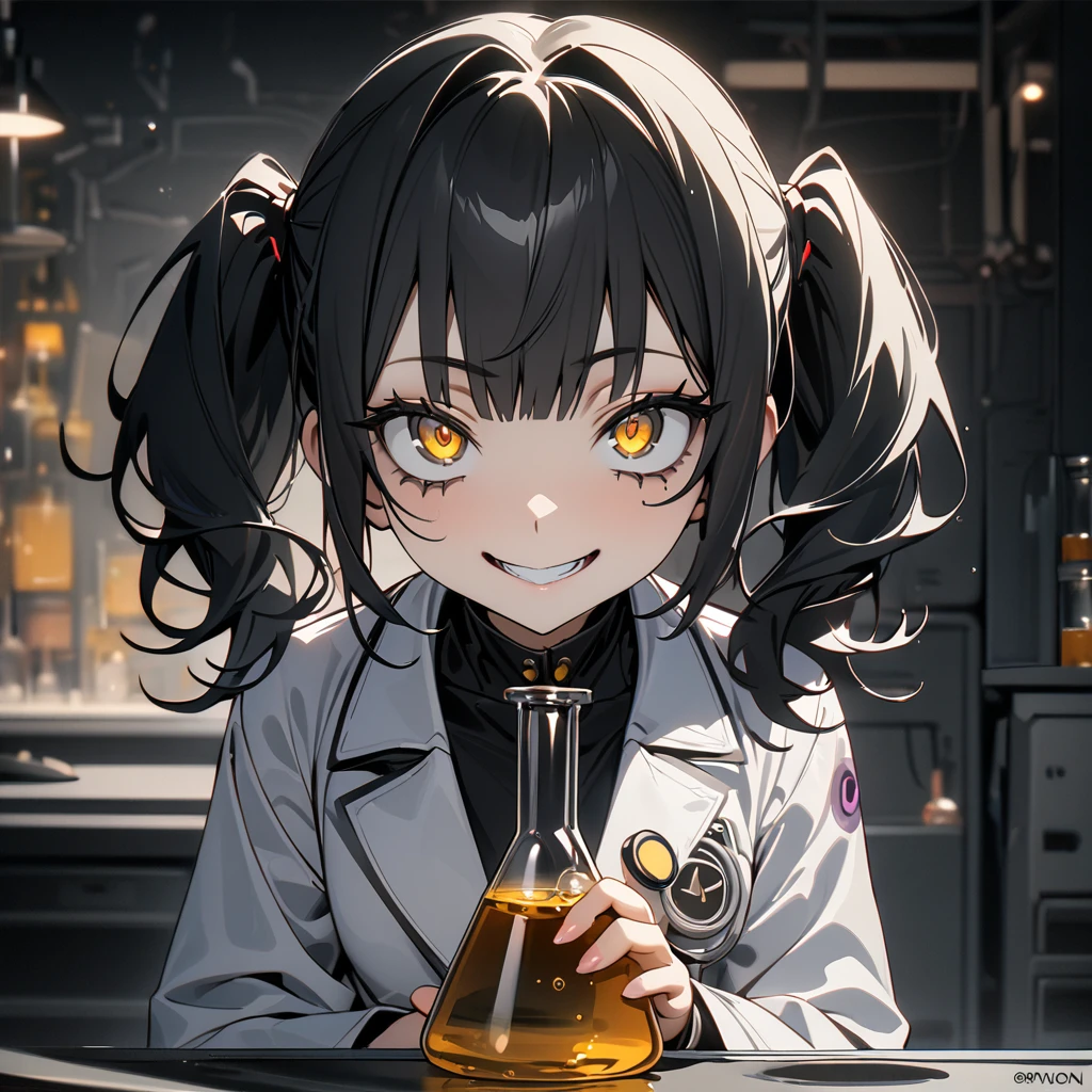 Top quality, masterpiece, high resolution, 8k, female, black hair, twintails, golden eyes, black circles under the eyes, crazy genius scientist, white coat, suspicious laboratory, Flask containing a mysterious liquid, devilish smile, 