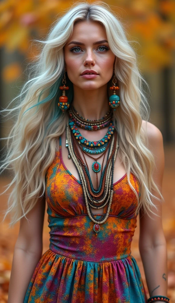 blonder woman, delicious, flashy gypsy-style clothes, big boobies