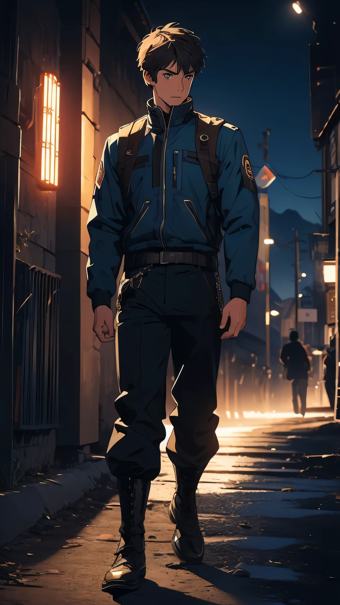 ((masterpiece)), envision a 8k, highres, cinematic, semi realistic, detailed, full body pinup of a nice boy, strong face, mature face, slender body, shaggy short brown hair, blue eyes, armored jacket , combat pants, (((1boy))), in dark lighting, against a dark background