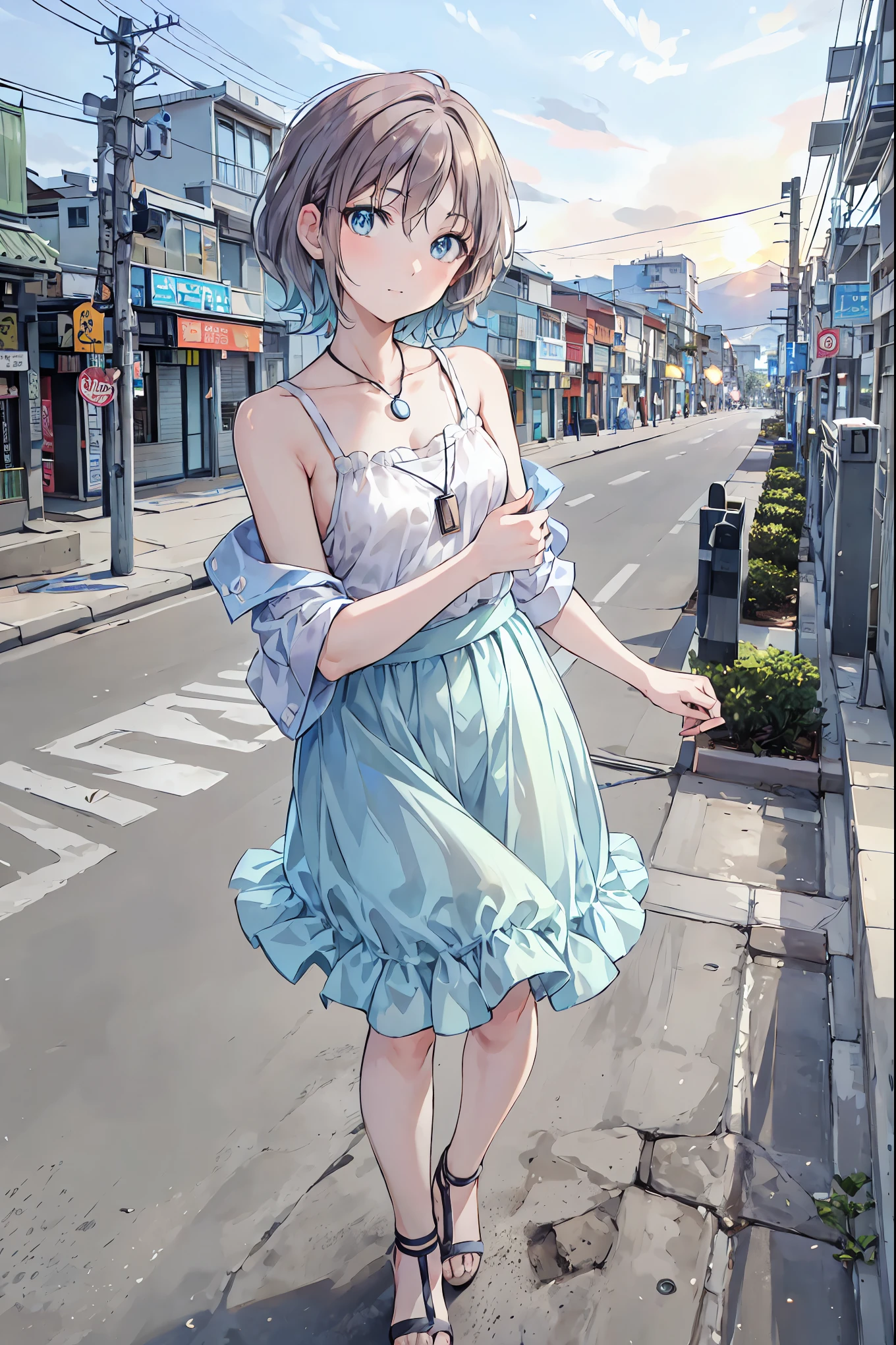 Yo Watanabe, Yu Watanabe, Brown Hair，Shortcuts，Messy Hair，Short braided hair，Neat，Slender beauty，A dignified posture，Small chest，Beautiful feet，Her captivating grey-blue eyes shine like stars，Vibrant colors,Beautiful Eyes,A delicate smile,Textured Skin,The best quality at its best,A kind and beautiful woman,Anime Style､,Orange hair band,Locket Pendant,camisole,Bareneck,Expose your shoulders,Bare clavicle,Blue long skirt,Cute stiletto heels,evening,sunset,walk,The sun goes down,whole bodyがイラストに入るように,Looking down from above,
break outdoors, Coastal Road,construction site,
break looking at viewer, whole body,
break (masterpiece:1.2), Best quality high resolution, Unity 8K Wallpaper, (shape:0.8), (Beautiful details:1.6), Detailed painted face, Perfect lighting, Extremely detailed CG, (Perfect hands, Perfect Anatomy),