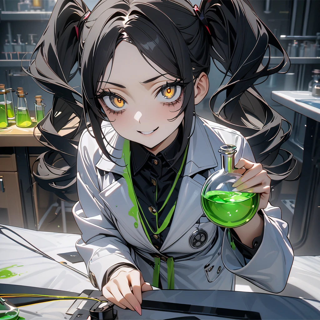 Top quality, masterpiece, high resolution, 8k, female, black hair, twintails, golden eyes, Dark circles under the eyes, crazy genius scientist, white coat, suspicious laboratory, Flask containing a mysterious liquid, devilish smile,