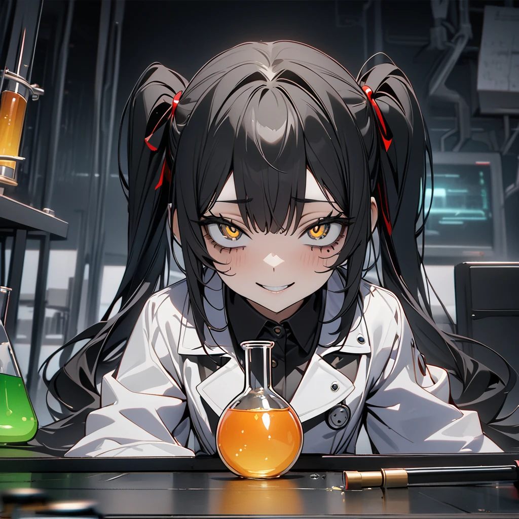 Top quality, masterpiece, high resolution, 8k, female, black hair, twintails, golden eyes, Dark circles under the eyes, crazy genius scientist, white coat, suspicious laboratory, Flask containing a mysterious liquid, devilish smile,