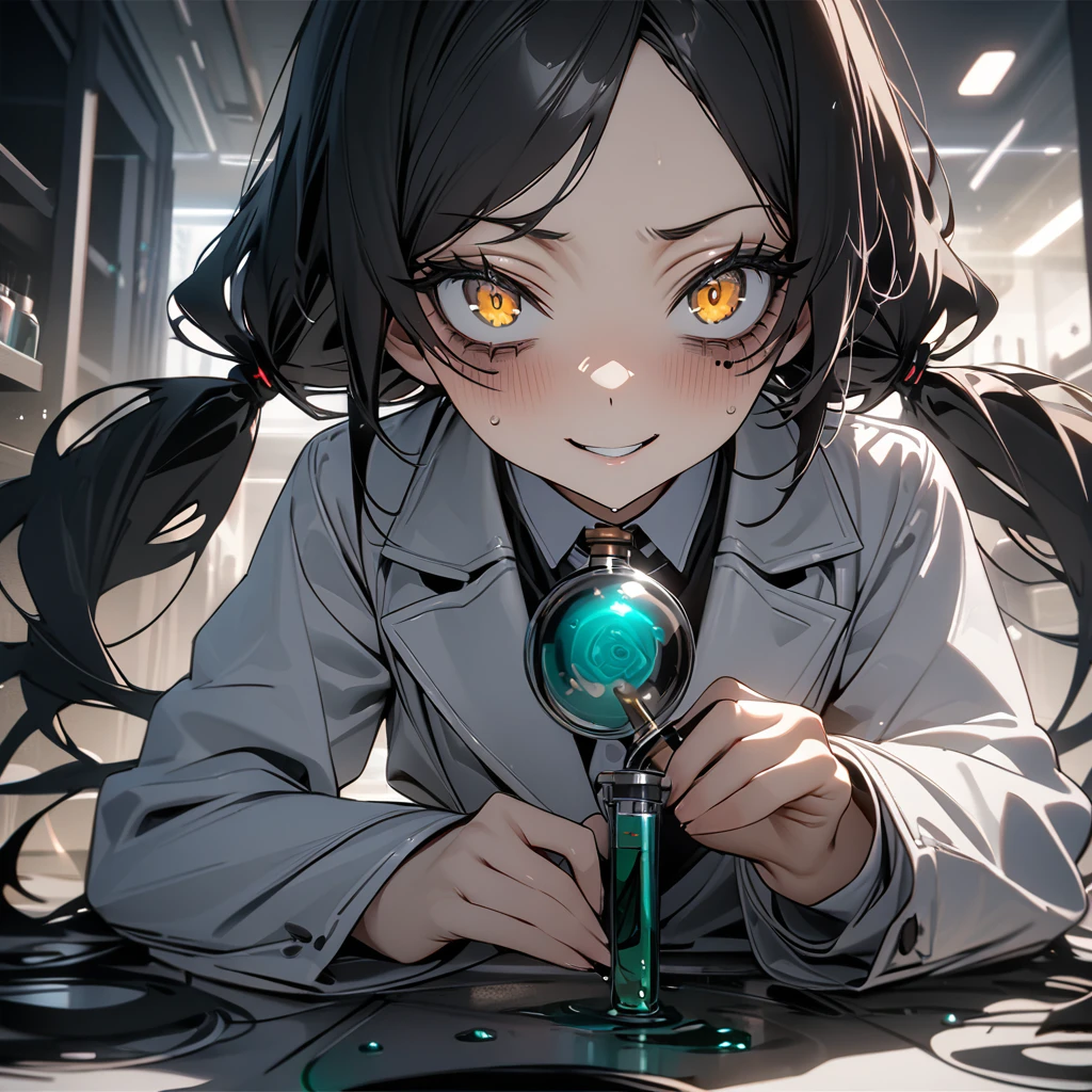 Top quality, masterpiece, high resolution, 8k, female, black hair, twintails, golden eyes, Dark circles under the eyes, crazy genius scientist, white coat, suspicious laboratory, Flask containing a mysterious liquid, devilish smile,