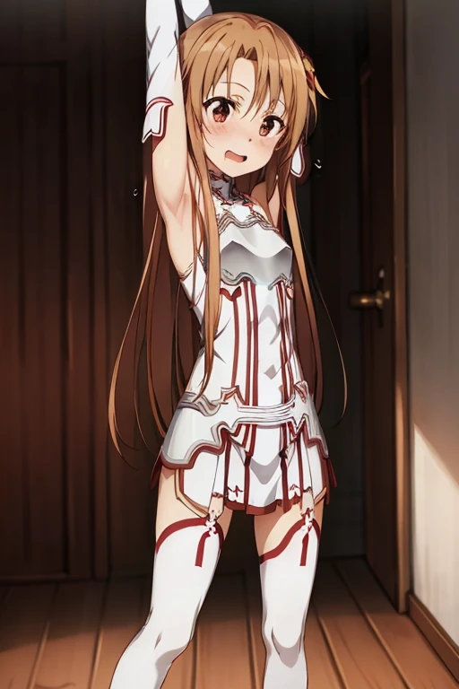 ((Best Quality)), ((masterpiece)), (be familiar with), Perfect Face, indoor, bedroom, Watching the audience,
One woman, Yuuki Asuna,
Open Mouth, Ecstatic expression, blush, smile,
Small breasts, Flat Chest, , , child, Girl,
Long Hair, Long Hair,
Leg spread,