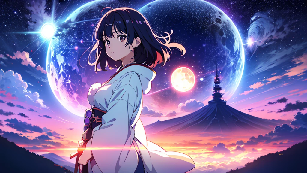 Top quality Japanese anime。A magic circle shining in countless seven colors，An image of a girl character with magic circles lining up above the night sky, transcending time and space，Please draw the characters delicately.，Make sure you are facing the camera，Point your right hand towards the camera，Widescreen