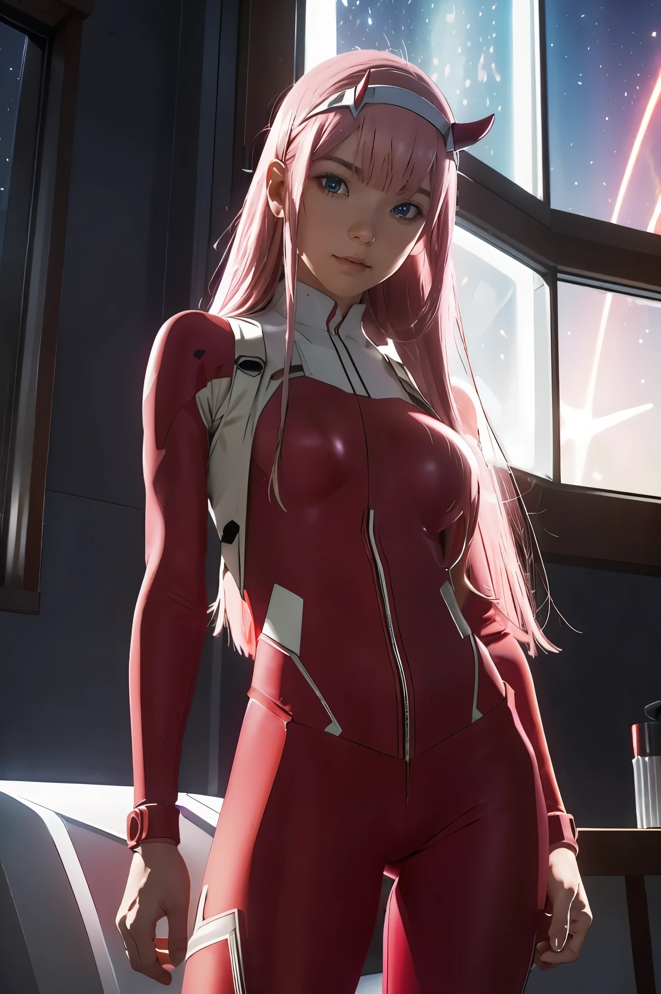 dynamic angle,ultra-detailed, illustration, straight on, 1girl, ((Zero two, interface headband with a pair of horns, red bodysuit:1.4, pink hair)), Her eyes shone like dreamy stars,(glowing eyes:1.233),(beautiful and detailed eyes:1.1),(expressionless, closed mouth),(standing), (mechanic room with tools and spaceship window in a white SPACESHIP), (night:1.2), dreamy, [[delicate fingers and hands:0.55]::0.85],(detail fingers), smirk,