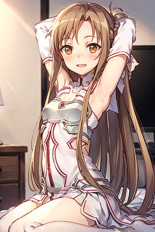 ((Best Quality)), ((masterpiece)), (be familiar with), Perfect Face, indoor, bedroom, Watching the audience,
One woman, Yuuki Asuna,
Open Mouth, Ecstatic expression, blush, smile,
Small breasts, Flat Chest, , , child, Girl,
Long Hair, Long Hair,
Leg spread,