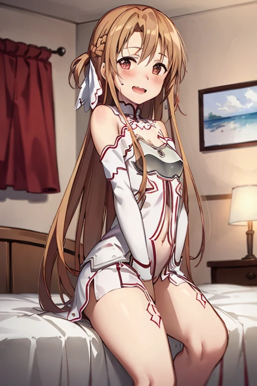 ((Best Quality)), ((masterpiece)), (be familiar with), Perfect Face, indoor, bedroom, Watching the audience,
One woman, Yuuki Asuna,
Open Mouth, Ecstatic expression, blush, smile,
Small breasts, Flat Chest, , , , Girl,
Long Hair, Long Hair,
Leg spread,