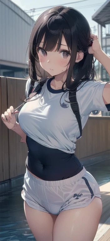 Realistic, outdoor, park, wide angle, raining, NSFW, soaking wet, 1girl, POV, from above, standing, casual clothes, twintails, t-shirt, skirt, (shirt lifted),