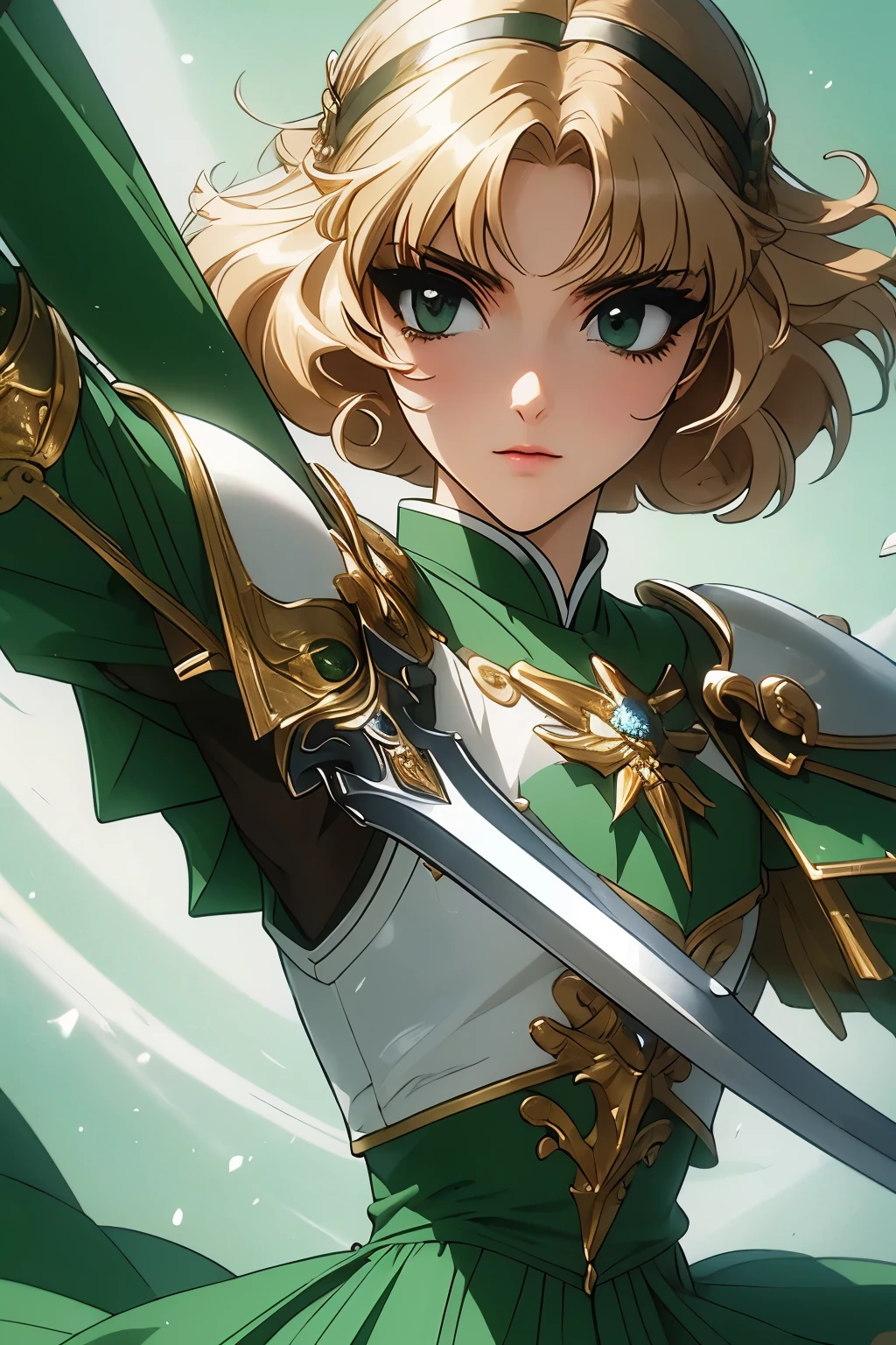 Fu-Houji、blonde、Bobcut、magic knightレイアース"、magic knight、Green Sailor Suit、Green-silver breastplate、White shoulder pad、White Gauntlets、Long sword、（（（ＳＦＷ、sound、Highest quality、A first-class masterpiece、Normal body、8k、Detailed face、Ultra-precision、Normal hand、通常のrefer to、５refer to、Highest）））