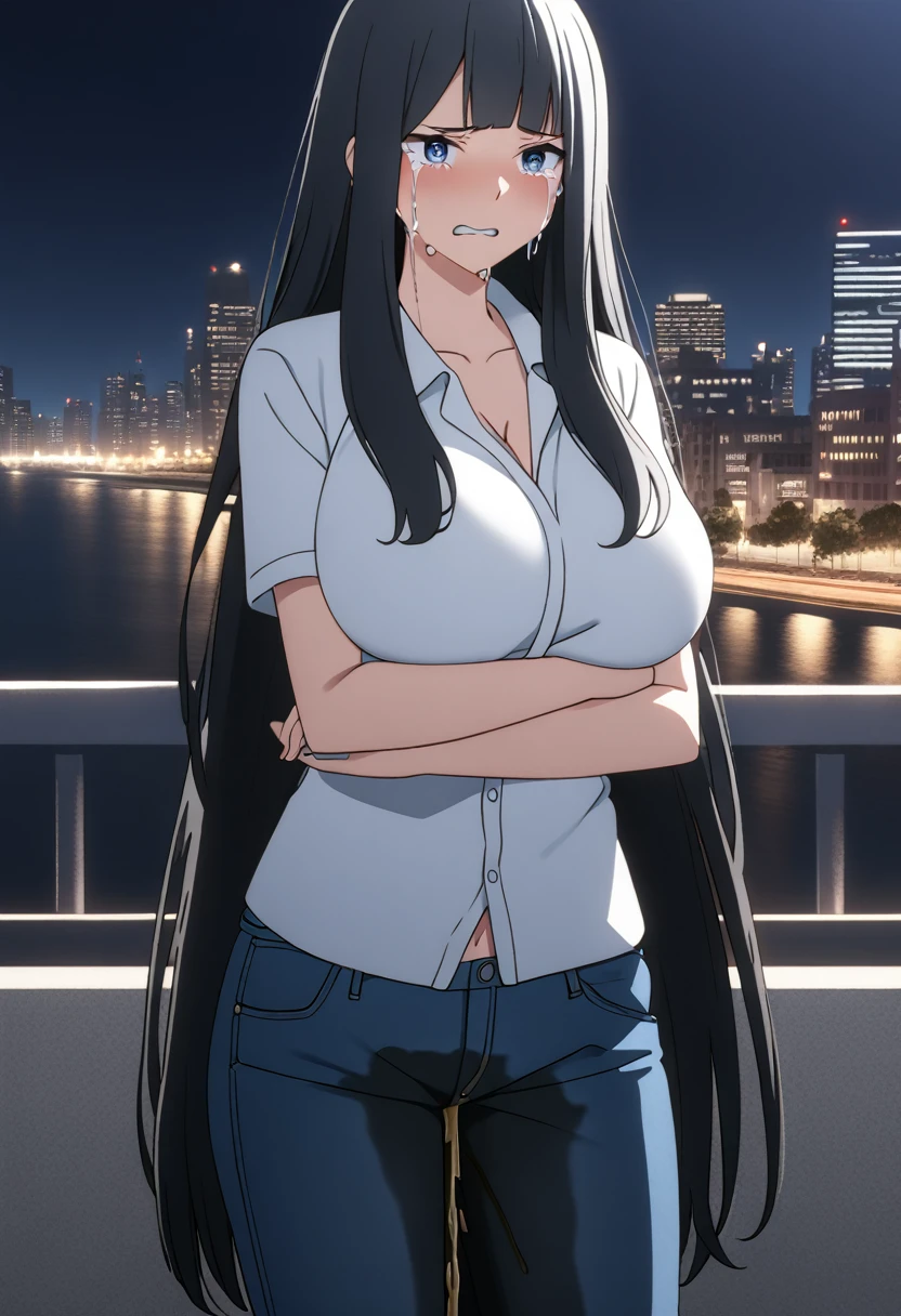 1girl, (long hair:1.5), (straight hair:1.5), black hair, blue eyes, extremely detailed eyes and face, detailed facial features, beautiful detailed eyes, huge breasts, navel, (wetting self:2.0), stylish jacket, jeans, embarrassed, humiliation, angry, standing, (tears:1.5),standing, cityscape, (arms crossed:1.5), (arms under breasts:1.5), (best quality,4k,8k,highres,masterpiece:1.2),ultra-detailed, portrait, cinematic lighting, dramatic contrast