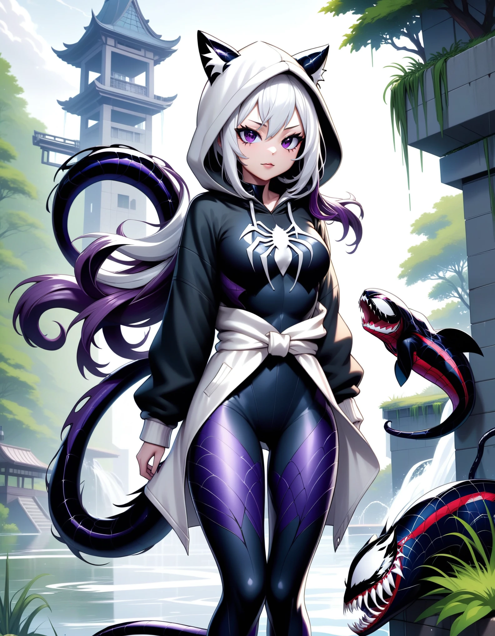 HD quality, masterpiece, wallpaper quality, (((covered in Symbiote like Venom from SpiderMan))), detailed eyes, detailed face, solo, Female, Neko Female, cat ears, thigh-length coat, ((white hoodie)), grey belt around waist, Hair like Madara Uchiha, ((white anime hair)), cat tail, (((black cat tail))), Thick Thighs, Lakeside, waterfall, fish in lake, standing on a building, medieval building, grass, standing, looking at viewer, (((black and purple Symbiote))),