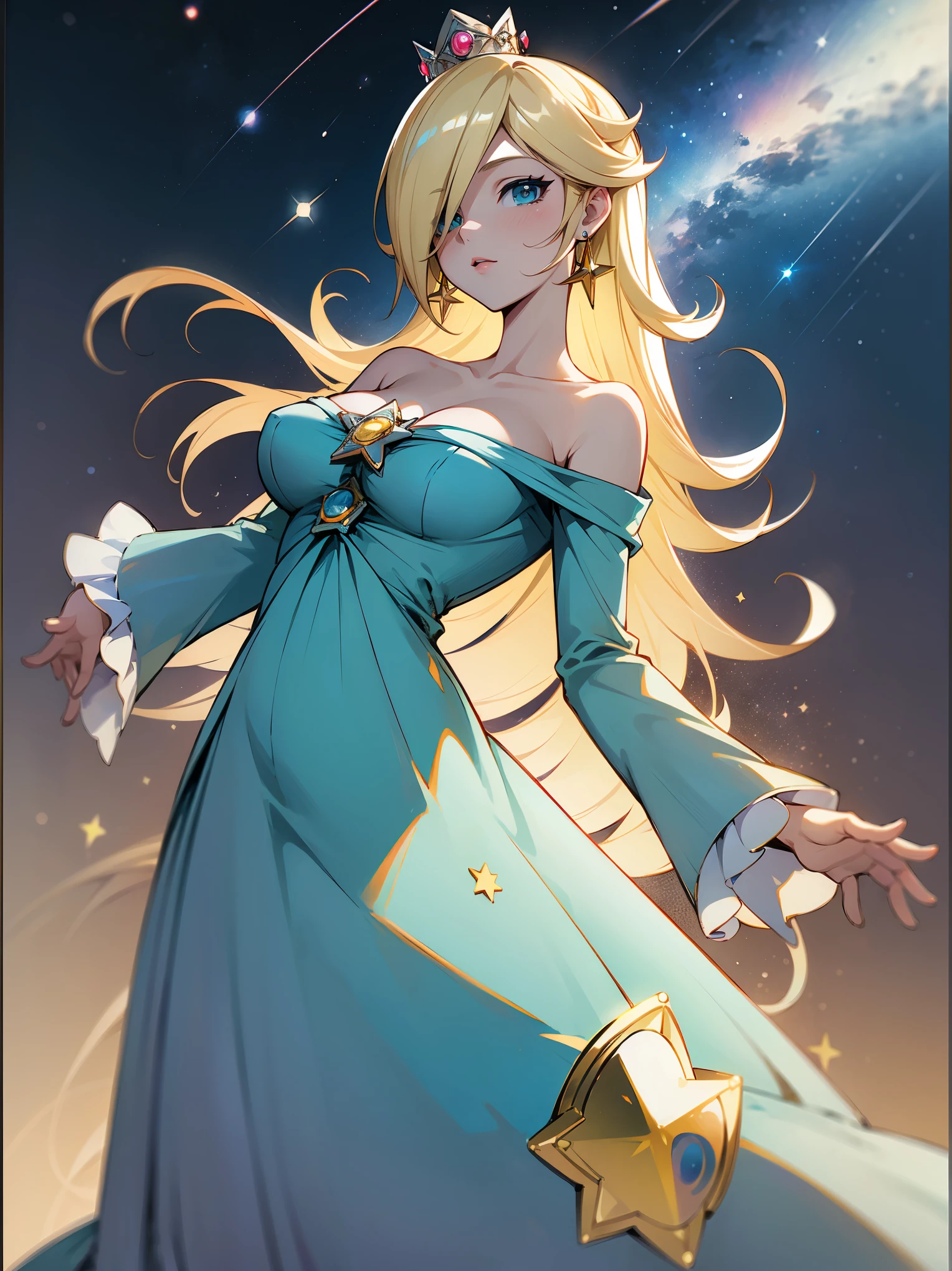 princesa rosalina, blue dress, big breasts, adult body, starry sky