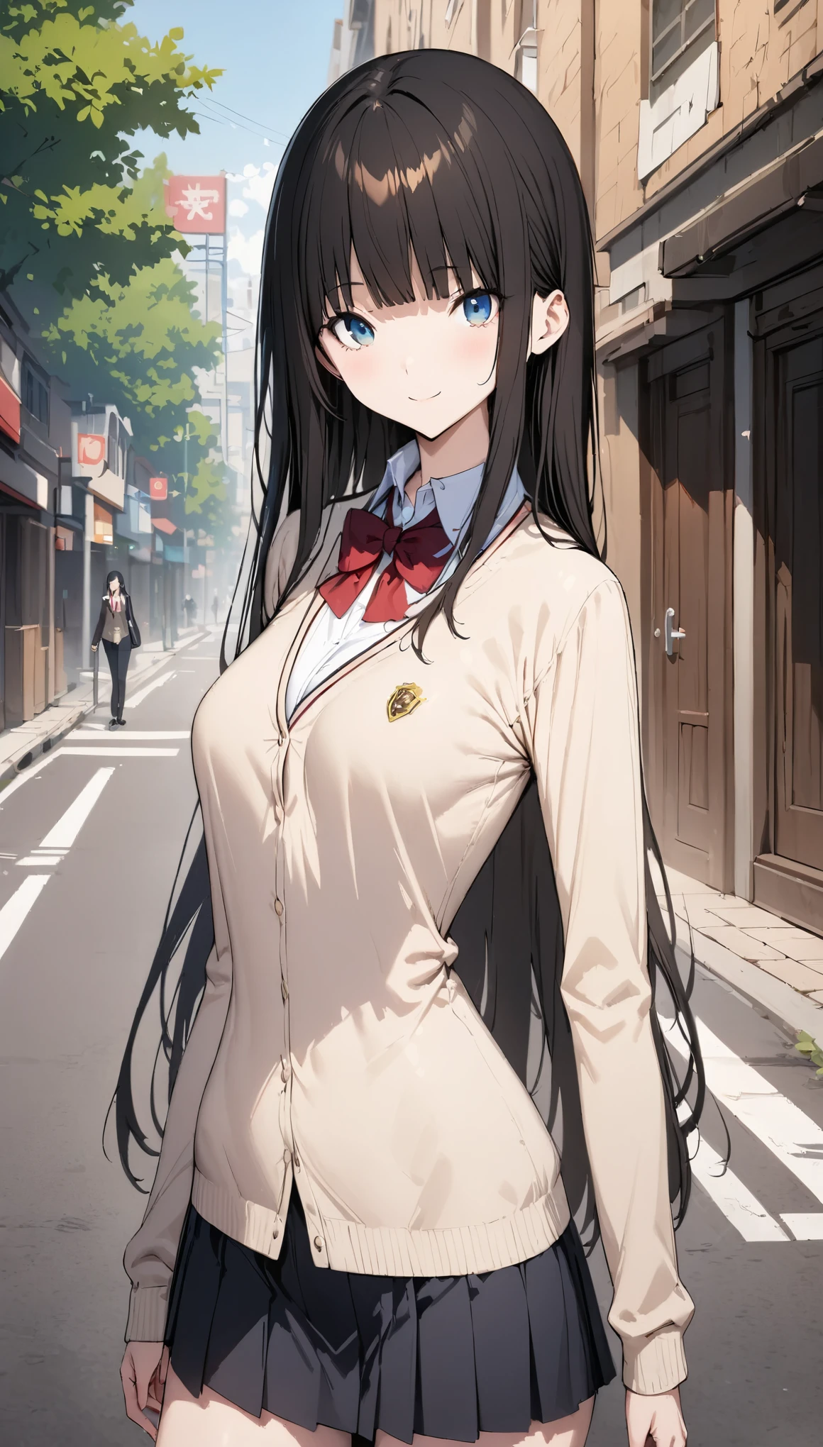 ((masterpiece,Best Quality:1.3,best quality illustrations)), cowboy shot,portrait,1woman,young adult,straight long hair,black hair,small head,long bangs between eyes, blue eyes,smile,(gorgeous eyes),long body,medium breasts,School uniform, (ivory color cardigan), Black mini skirt, Red bowtie,slender body,standing,on street,bustling street、School,