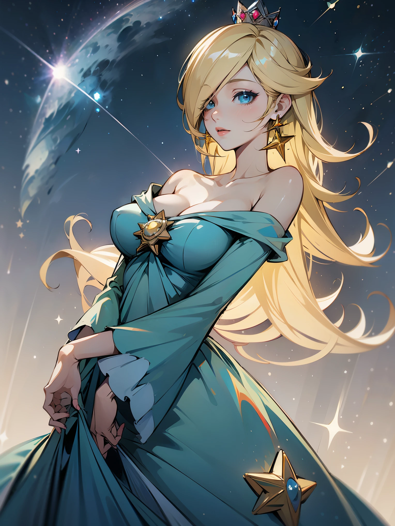 princesa rosalina, blue dress, big breasts, adult body, starry sky