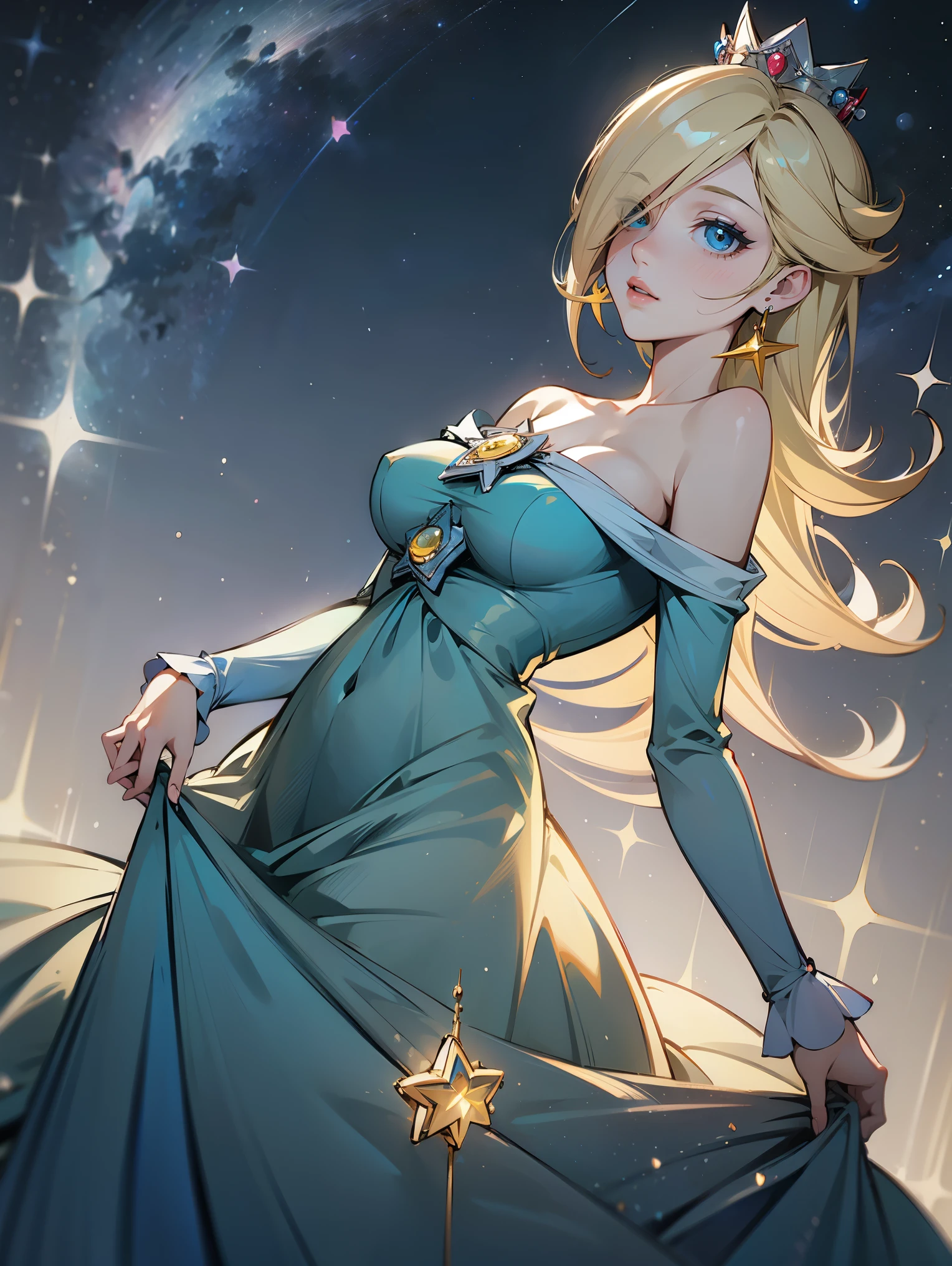 princesa rosalina, blue dress, big breasts, adult body, starry sky
