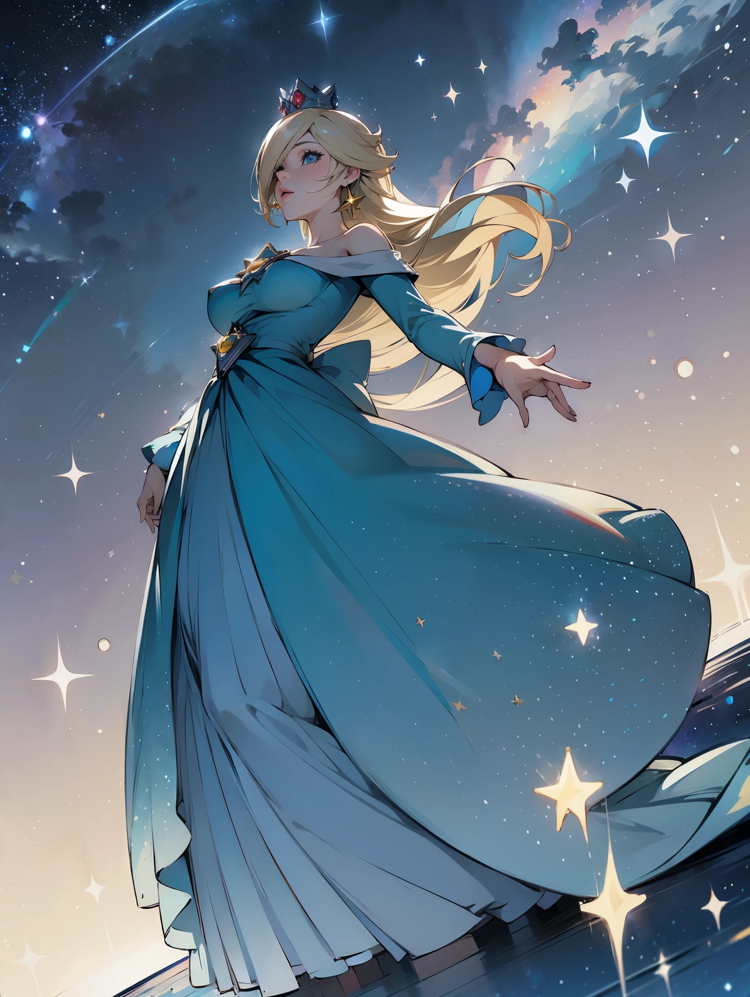 princesa rosalina, blue dress, big breasts, adult body, starry sky