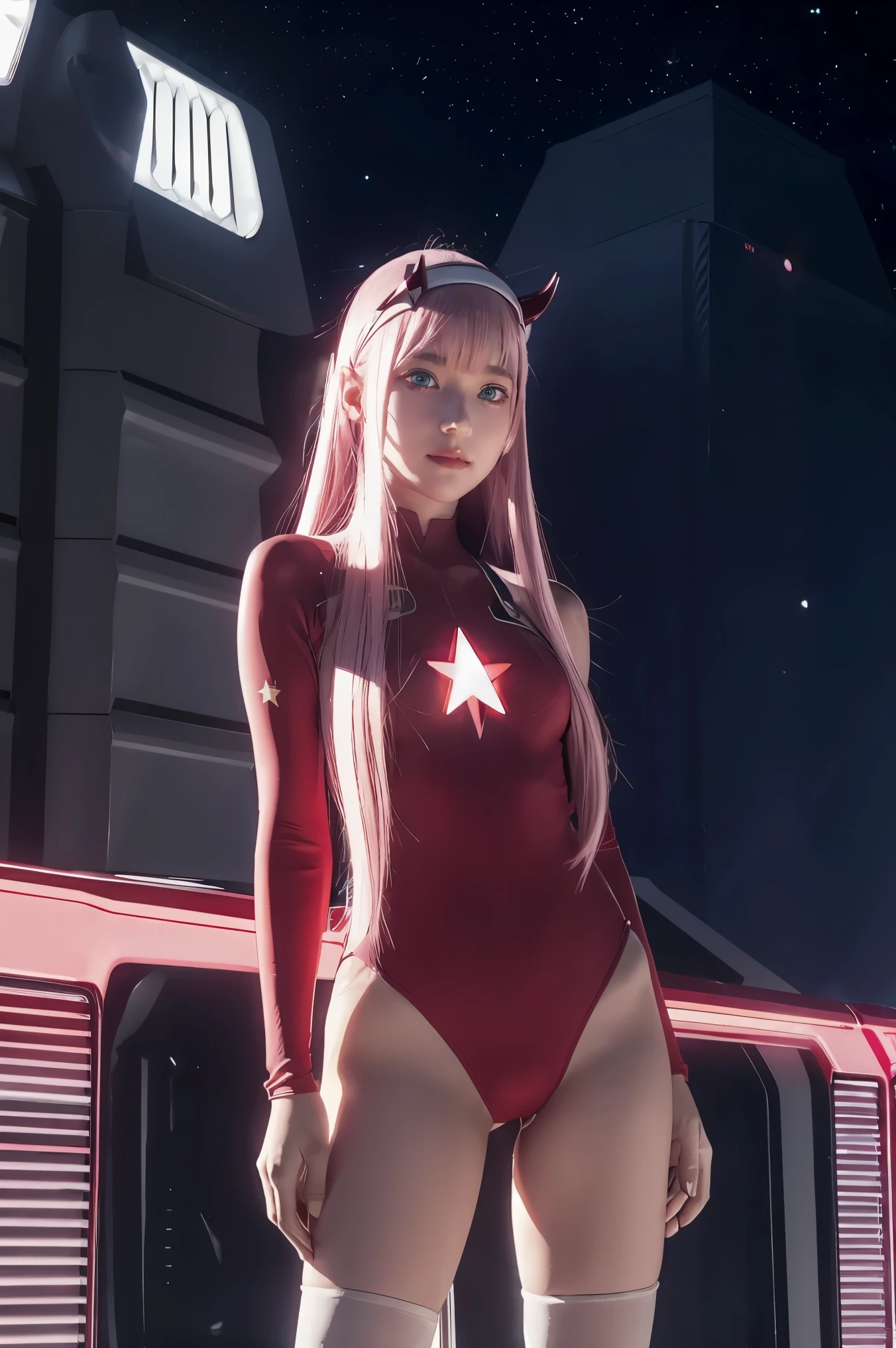 dynamic angle,ultra-detailed, illustration, straight on, 1girl, ((Zero two, interface headband with a pair of horns, red bodysuit:1.4, pink hair)), Her eyes shone like dreamy stars,(glowing eyes:1.233),(beautiful and detailed eyes:1.1),(expressionless, closed mouth),(standing), (mechanic room with tools and spaceship window in a white SPACESHIP), (night:1.2), dreamy, [[delicate fingers and hands:0.55]::0.85],(detail fingers), smirk,