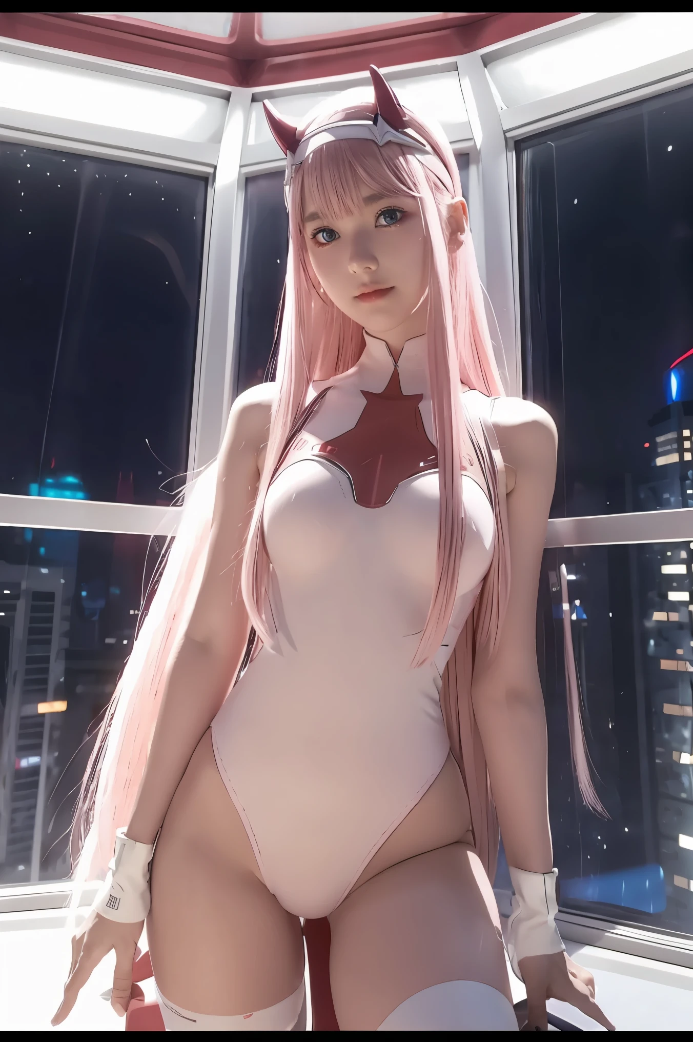 ((Zero Two Darling en el Franxx)), 8K, Masterpiece, Best quality, Photorealistic, Ultra-detailed, 1 girl, Realistic skin texture, Large breasts, Gaze towards the viewer, ((we see her ass open)), Loose half-cut T-shirt,, underboobs, under boobs, Micro Mini Skirt, , Movie lighting, Face focus, Fine eyes, Detailed face, Well-lit face, rays of sunshine, Outdoor ciberpunk city in the background, low angle shot, View from below