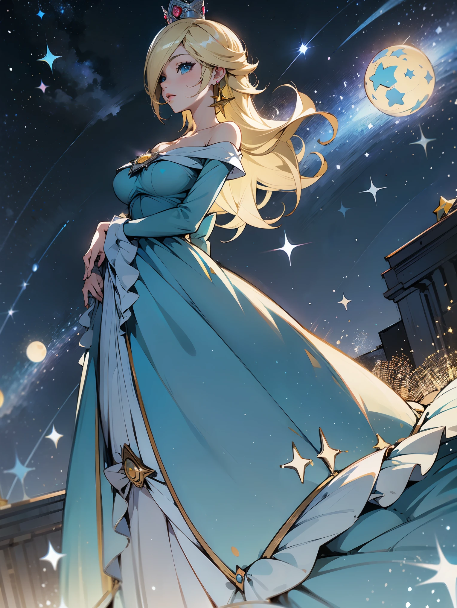 princesa rosalina, blue dress, big breasts, adult body, starry sky