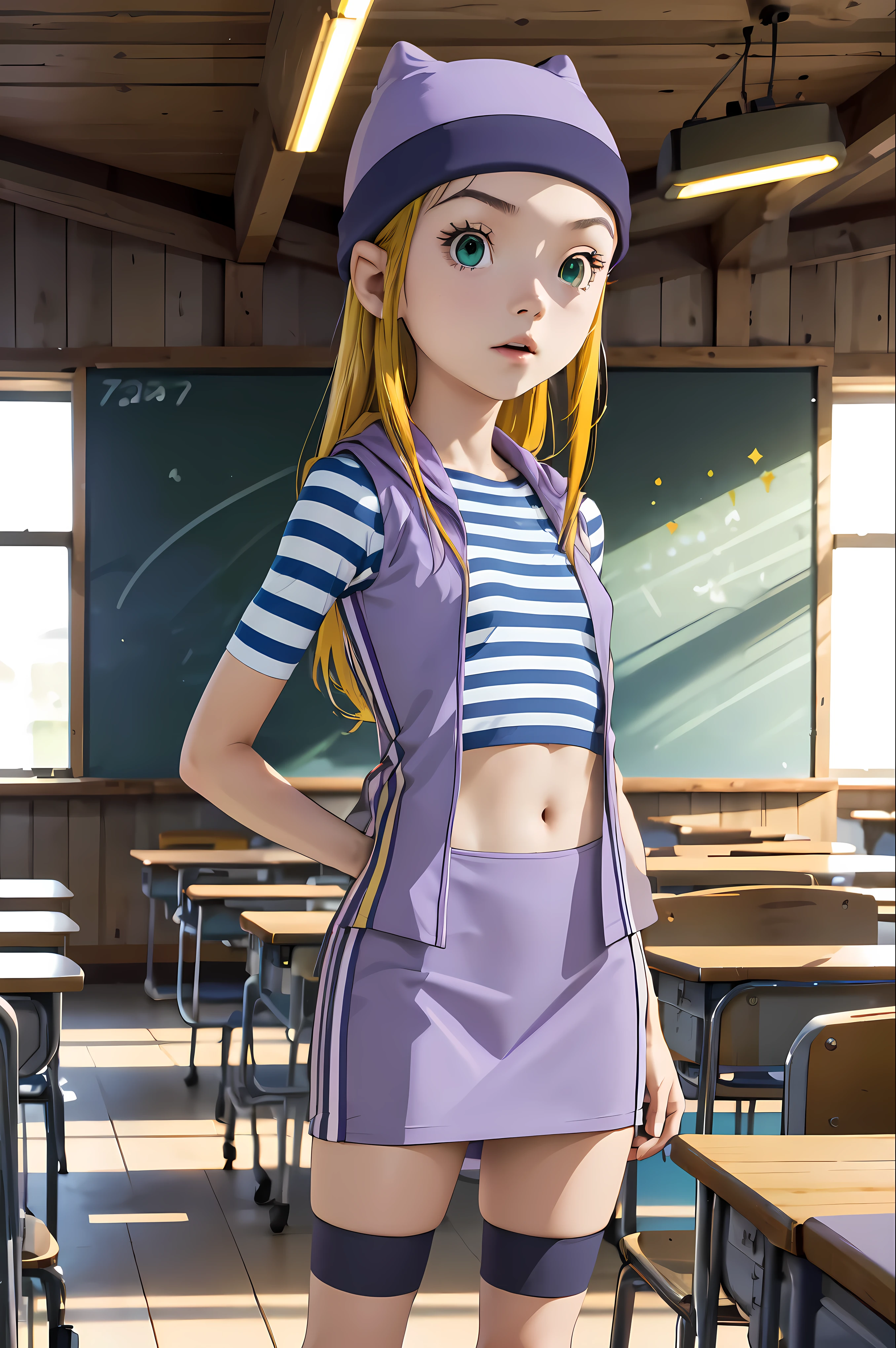 (masterpiece, best quality), 1girl, izumi Orimoto, indoors, classroom, green eyes, blonde hair, long hair, purple beanie, purple vest, purple miniskirt, blue white striped shirt, long purple socks, purple vest, striped shirt, navel shirt, small size breast. rear view, looking at the viewer