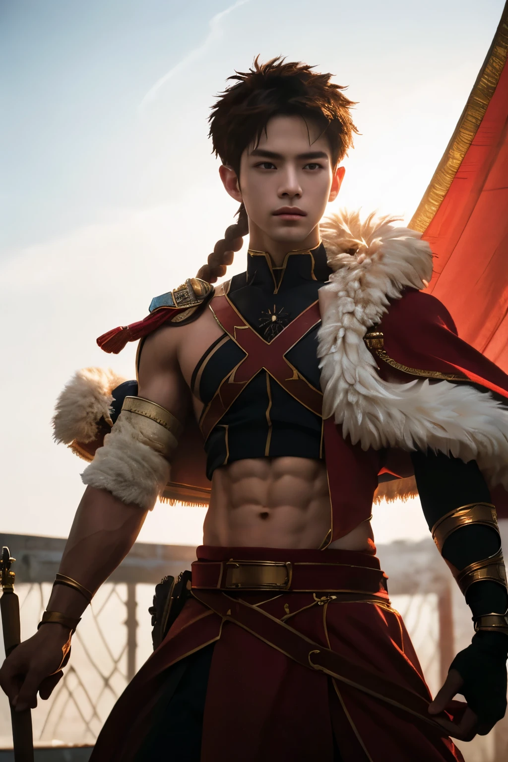 alexanderfgo, 1boy, masterpiece, realistic, absurdres, RAW photo, best quality, high resolution, chinese boy, male model, very very handsome, perfect face, cute face, intricate detail, clear and beautiful detailed eyes, fur-trimmed cape, crop top, young, muscular, slim muscular, handsome muscle, abs, detailed skin, male focus, fighting, Correct anatomy, looking at camera, battlefield, detailed highlights and shadows, Cinematic Lighting, soft light, full-body shot, front view, Professional photography, exquisite detailing, 8K UHD,