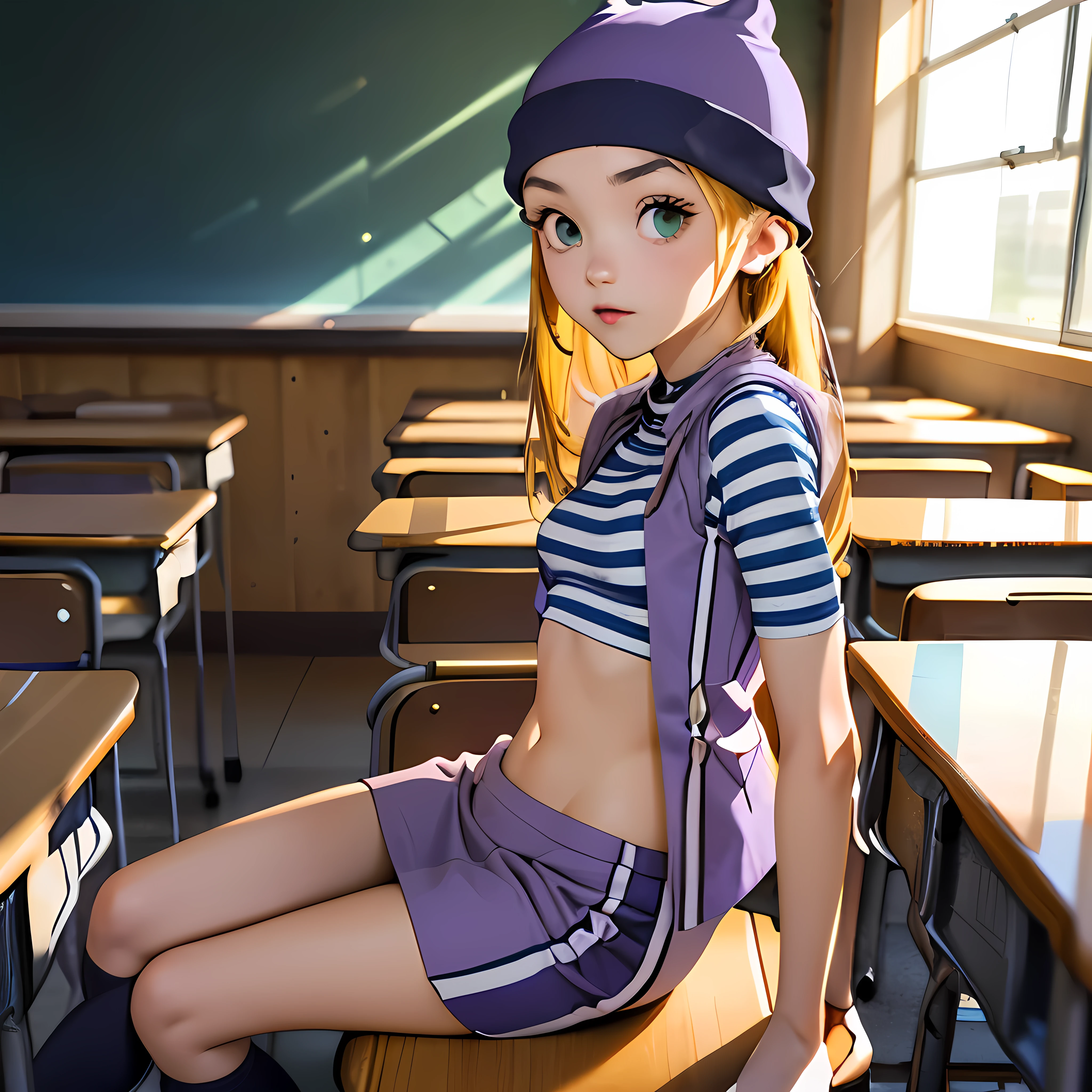 (masterpiece, best quality), 1girl, izumi Orimoto, indoors, classroom, green eyes, blonde hair, long hair, purple beanie, purple vest, purple miniskirt, blue white striped shirt, long purple socks, purple vest, striped shirt, navel shirt, small  size breast. rear view, looking at the viewer