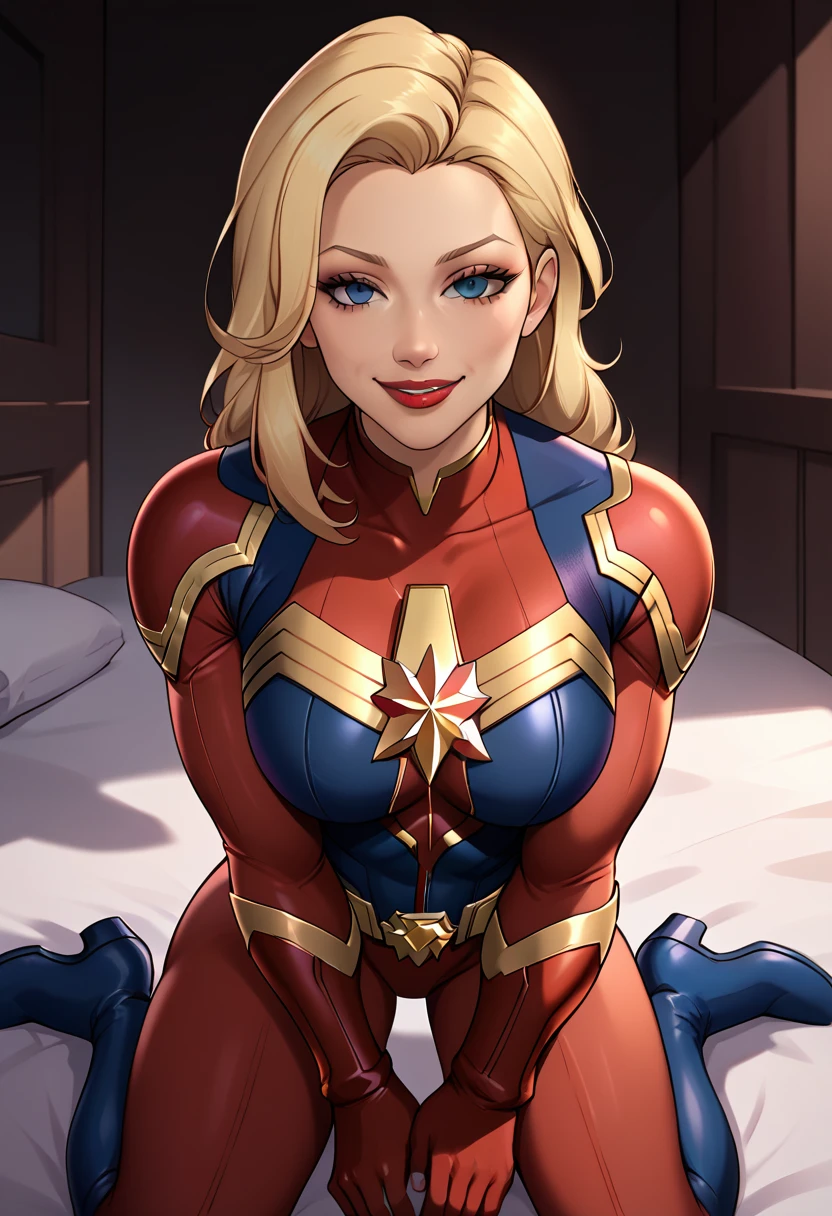 captain marvel ,  por marvel comics   karol danvers , blonde hair  , defined body , red lipstick , Super hero , the fall of a heroine , mind controlled by you,  your body surrendered to your control , empty and expressionless eyes,  kneeling taking off her uniform  , tall woman , peitos grandes ,  , domination she is smiling at you on top of you undressing 