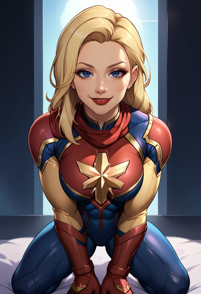 captain marvel ,  por marvel comics   karol danvers , blonde hair  , defined body , red lipstick , Super hero , the fall of a heroine , mind controlled by you,  your body surrendered to your control , empty and expressionless eyes,  kneeling taking off her uniform  , tall woman , peitos grandes ,  , domination she is smiling at you on top of you undressing 