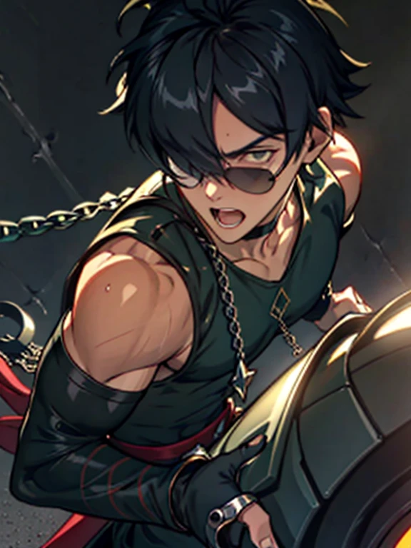 ((Delicate details)), Best Shadow,Cinema Lighting,Best Quality,((Very detailed))　masterpiece　Embarrassing　Black Hair　Emerald Hair　Black Eye　Emerald eyes　Wearing large sunglasses　Get wet　Big Eyes　maleのタイトなスーツパンツは破れていた　Sweating　Delicate body　High chroma　male　Ryona　torture　Clo薄いg saturation 0　High chance of losing　Skin is visible in places　shout　View from below　Overall image　Light hits the skin　baby face　Fallen　To lie　Skinny body　Mind Control　Rear View　Sleeveless　I put pressure on my crotch.　prison　Chain Background　Under attack　Raising his arms　Rear view　Lying down　黒いタンクトップのmale　eight-headed body　Brown Skin　One eye is hidden by bangs　Mouth open　Aroused expression