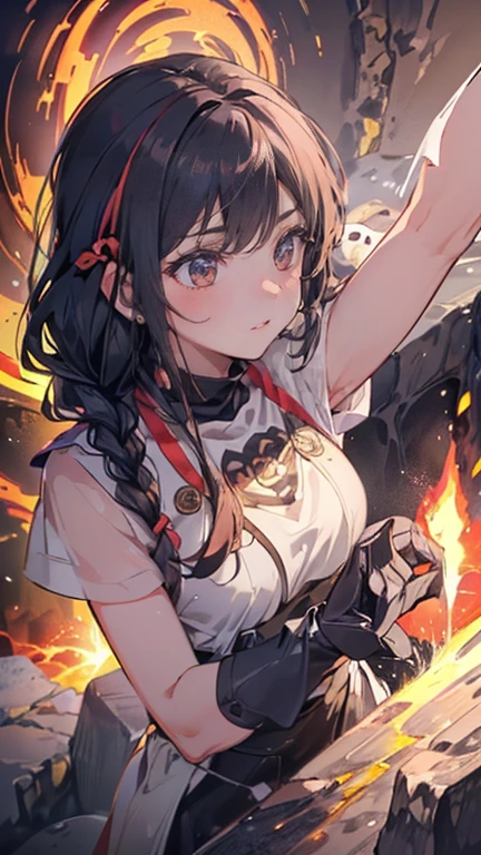 (Mechanical Engineering School Girls Teenage Girls, Soft lips, Glowing Skin, Braided Hair, Soft Skin:1.25, Hair Ribbon, Concentrated expression,Long gloves:1.25,(8k, Best Quality, masterpiece:1.2, Highly detailed, Very detailed), Vibrant colors, Line art,Flames dance,The stone shines like the sun