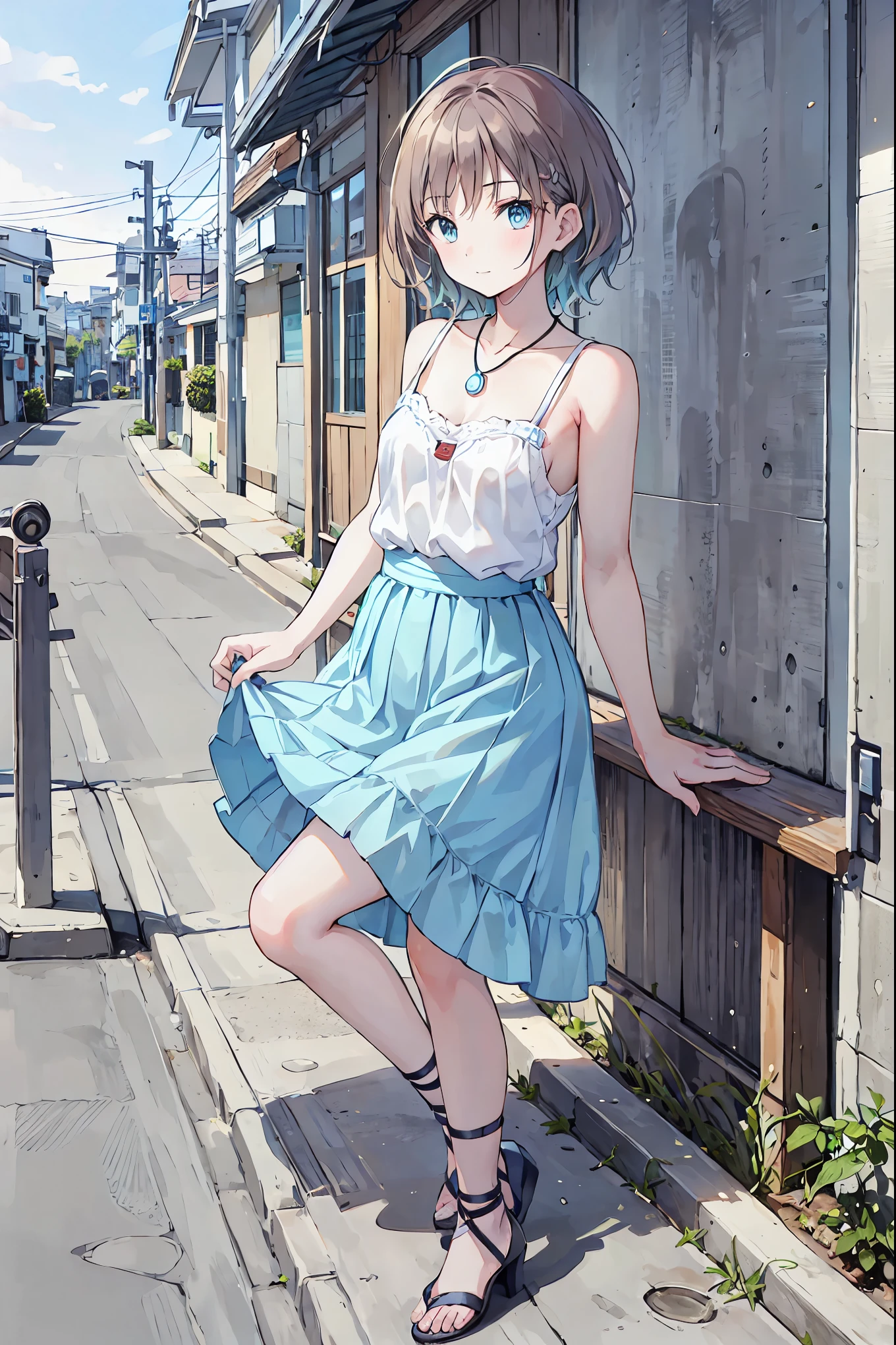 Yo Watanabe, Yu Watanabe, Brown Hair,Shortcuts,Messy Hair,Short braided hair,Neat,Slender beauty,A dignified posture,Small chest,Beautiful feet,Her captivating grey-blue eyes shine like stars,Vibrant colors,Beautiful Eyes,A delicate smile,Textured Skin,The best quality at its best,A kind and beautiful woman,Anime Style、,Orange hair band,Locket Pendant,camisole,Bareneck,Expose your shoulders,Bare clavicle,Blue long skirt,Cute stiletto heels,evening,sunset,walk,The sun goes down,whole bodyがイラストに入るように,Looking down from above,
break outdoors, Coastal Road,construction site,
break looking at viewer, whole body,
break (masterpiece:1.2), Best quality high resolution, Unity 8K Wallpaper, (shape:0.8), (Beautiful details:1.6), Detailed painted face, Perfect lighting, Extremely detailed CG, (Perfect hands, Perfect Anatomy),