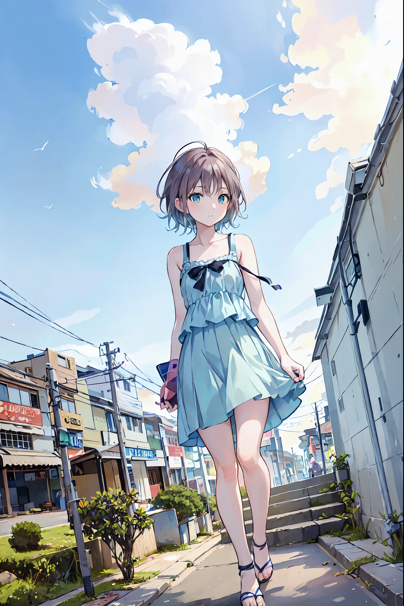 Yo Watanabe, Yu Watanabe, Brown Hair，Shortcuts，Messy Hair，Short braided hair，Neat，Slender beauty，A dignified posture，Small chest，Beautiful feet，Her captivating grey-blue eyes shine like stars，Vibrant colors,Beautiful Eyes,A delicate smile,Textured Skin,The best quality at its best,A kind and beautiful woman,Anime Style､,Orange hair band,Locket Pendant,camisole,Bareneck,Expose your shoulders,Bare clavicle,Blue long skirt,Cute stiletto heels,evening,sunset,walk,The sun goes down,whole bodyがイラストに入るように,Looking down from above,
break outdoors, Coastal Road,construction site,
break looking at viewer, whole body,
break (masterpiece:1.2), Best quality high resolution, Unity 8K Wallpaper, (shape:0.8), (Beautiful details:1.6), Detailed painted face, Perfect lighting, Extremely detailed CG, (Perfect hands, Perfect Anatomy),