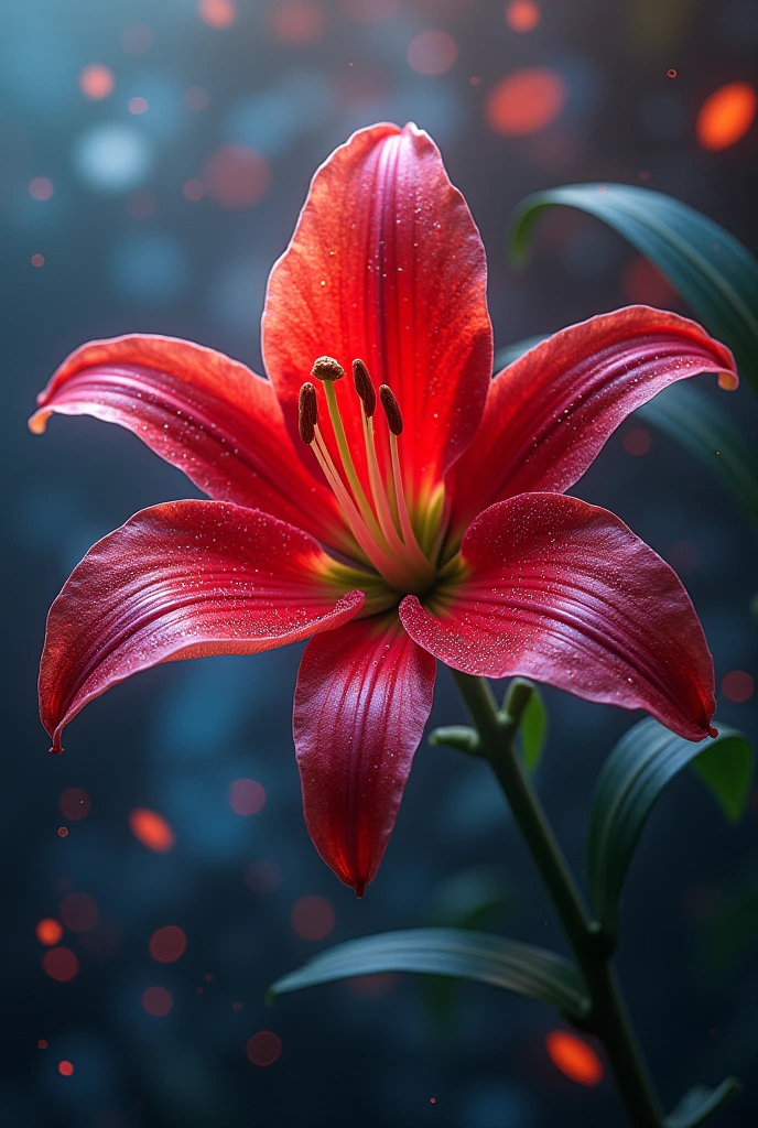 crimson lily, background seamless low bit mosaic, spiral random change iridescent color