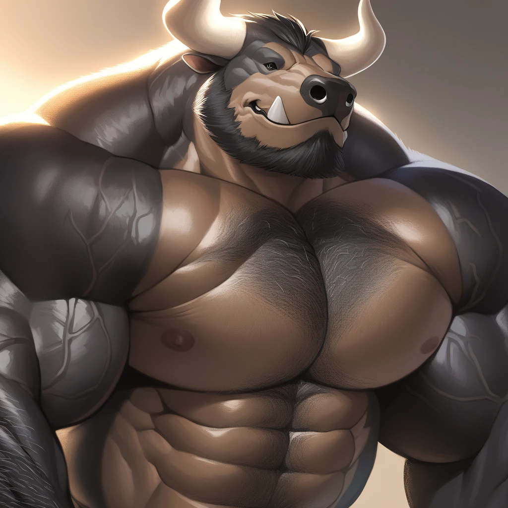 Black bara bull, black fur, very large pecs, strong physique, very muscular, perfect anatomy, masterpiece, black beard, black eyes, strong jaw, giant biceps, shirtless, hairy pectorals, solo, great lighting