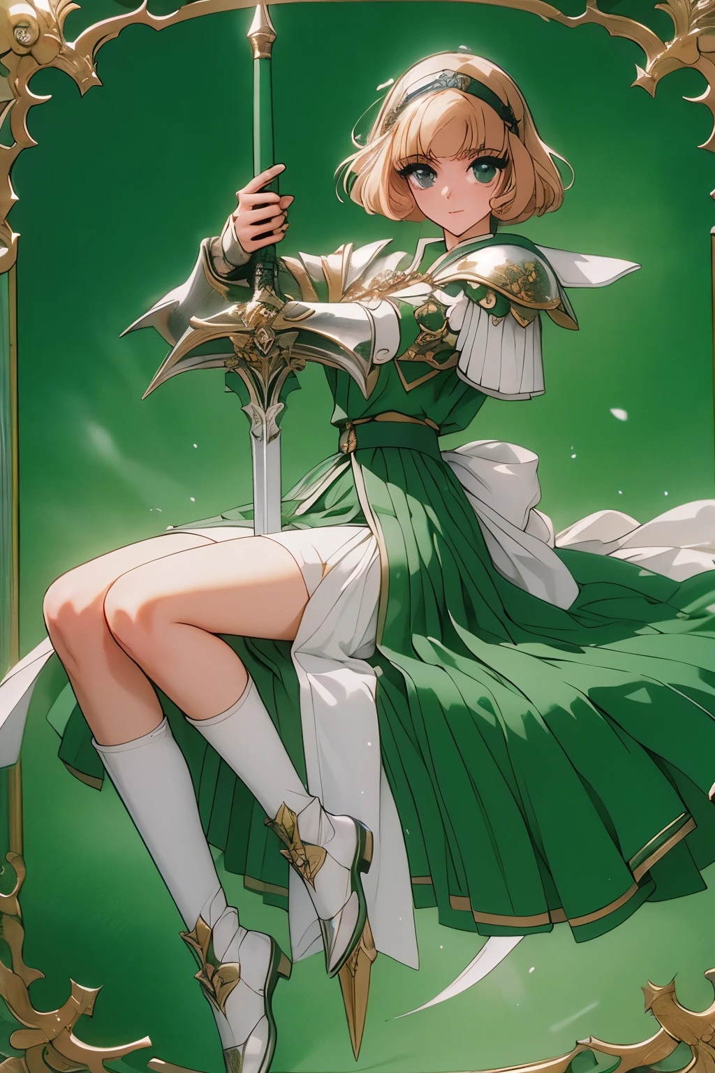 Fu-Houji、blonde、Bobcut、magic knightレイアース"、magic knight、Green Sailor Suit、Green-silver breastplate、White shoulder pad、White Gauntlets、Long sword、A soft smile、（（（ＳＦＷ、sound、Highest quality、A first-class masterpiece、Normal body、8k、Detailed face、Ultra-precision、Normal hand、通常のrefer to、５refer to、Highest）））Full body view